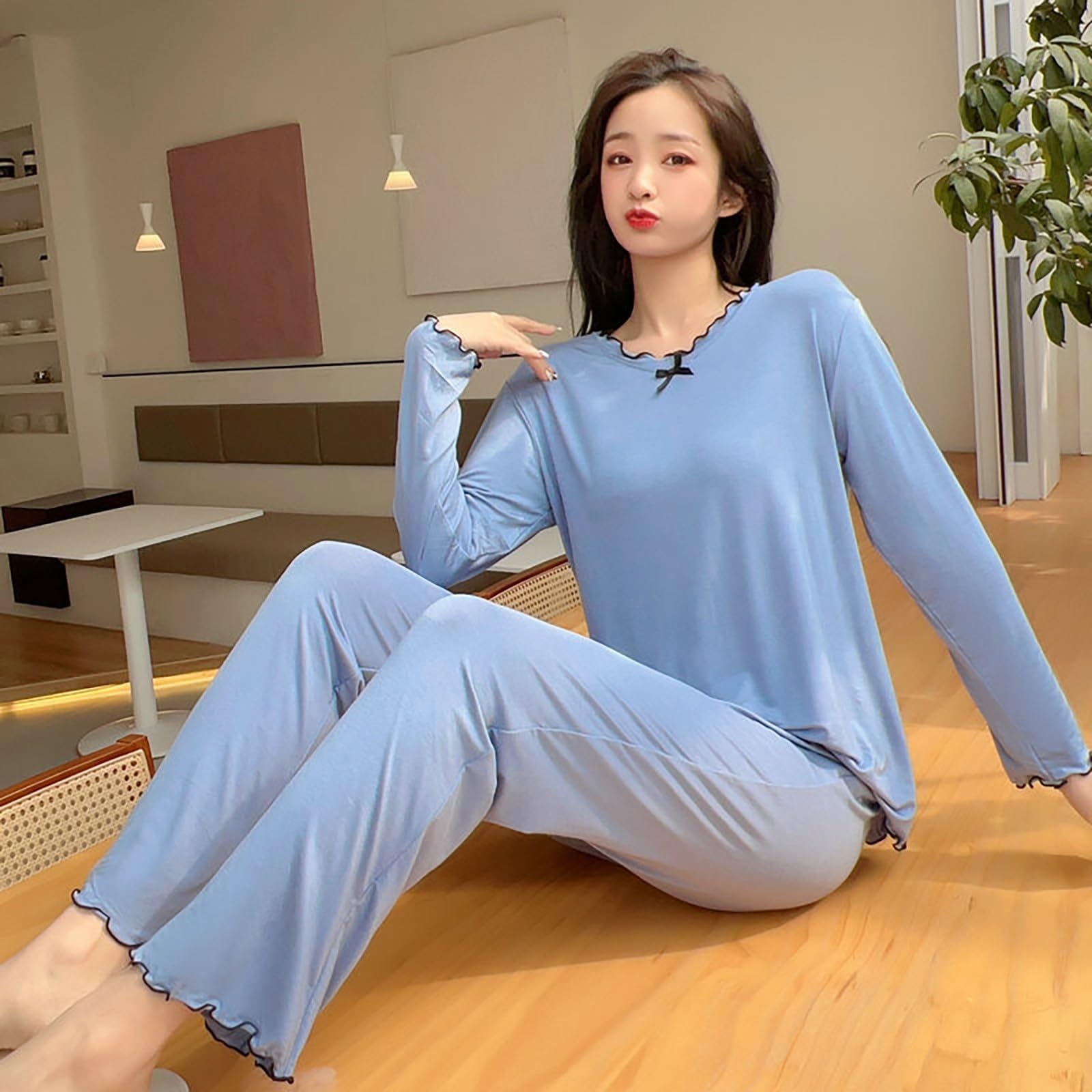 Peignoir De Bain Femme Coton Nid d'abeille,Pyjama Short Femme Robe De | Pyjama Femme Anti-Froissé Peignoir Bordure Contrastée Trouser Pyjama En Satin De Soie Haut Uni Elégant Sleepwear