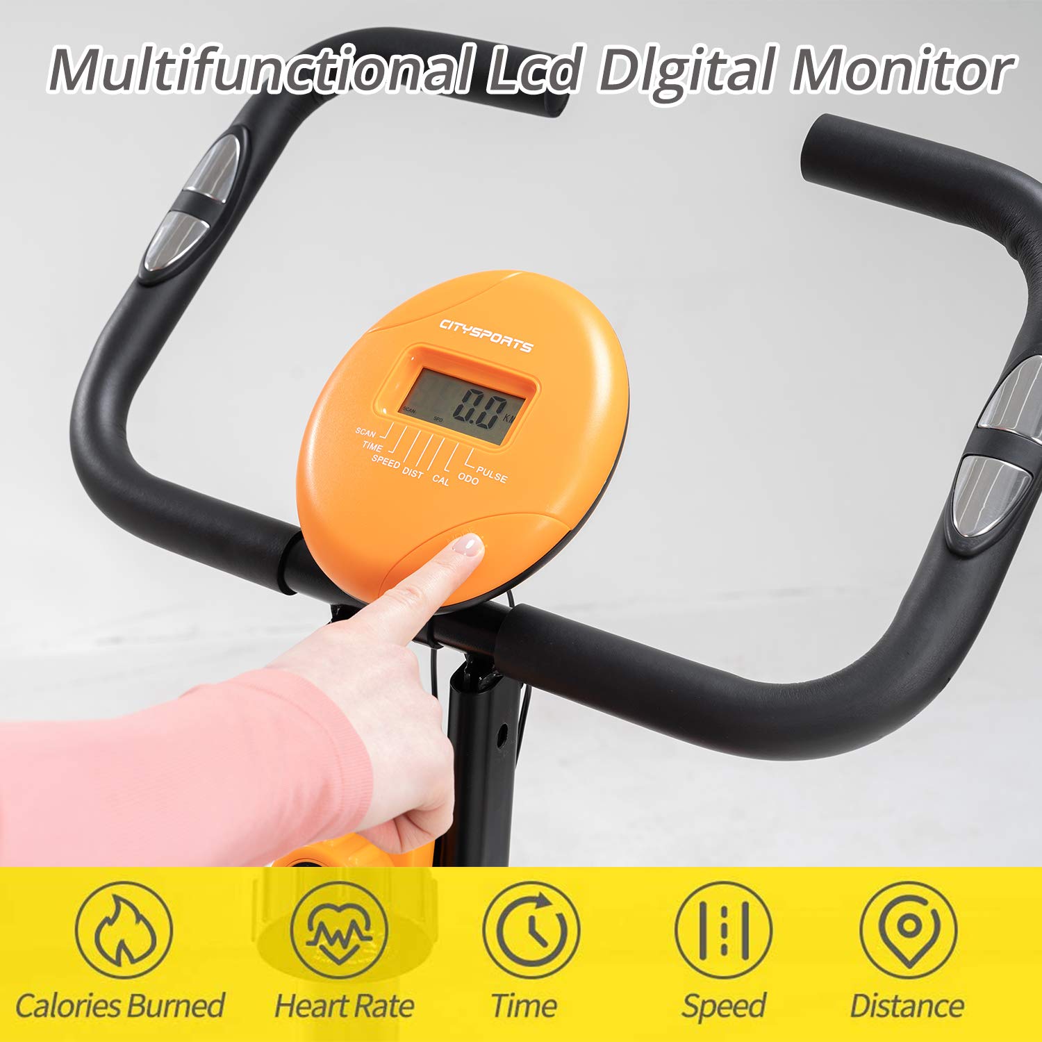 CITYSPORTS cyclette pieghevole Bici da appartamento pieghevole con schienale, cyclette 8 livelli di resistenza, monitor LCD e sensore di frequenza cardiaca, facile da riporre, fitness domestico
