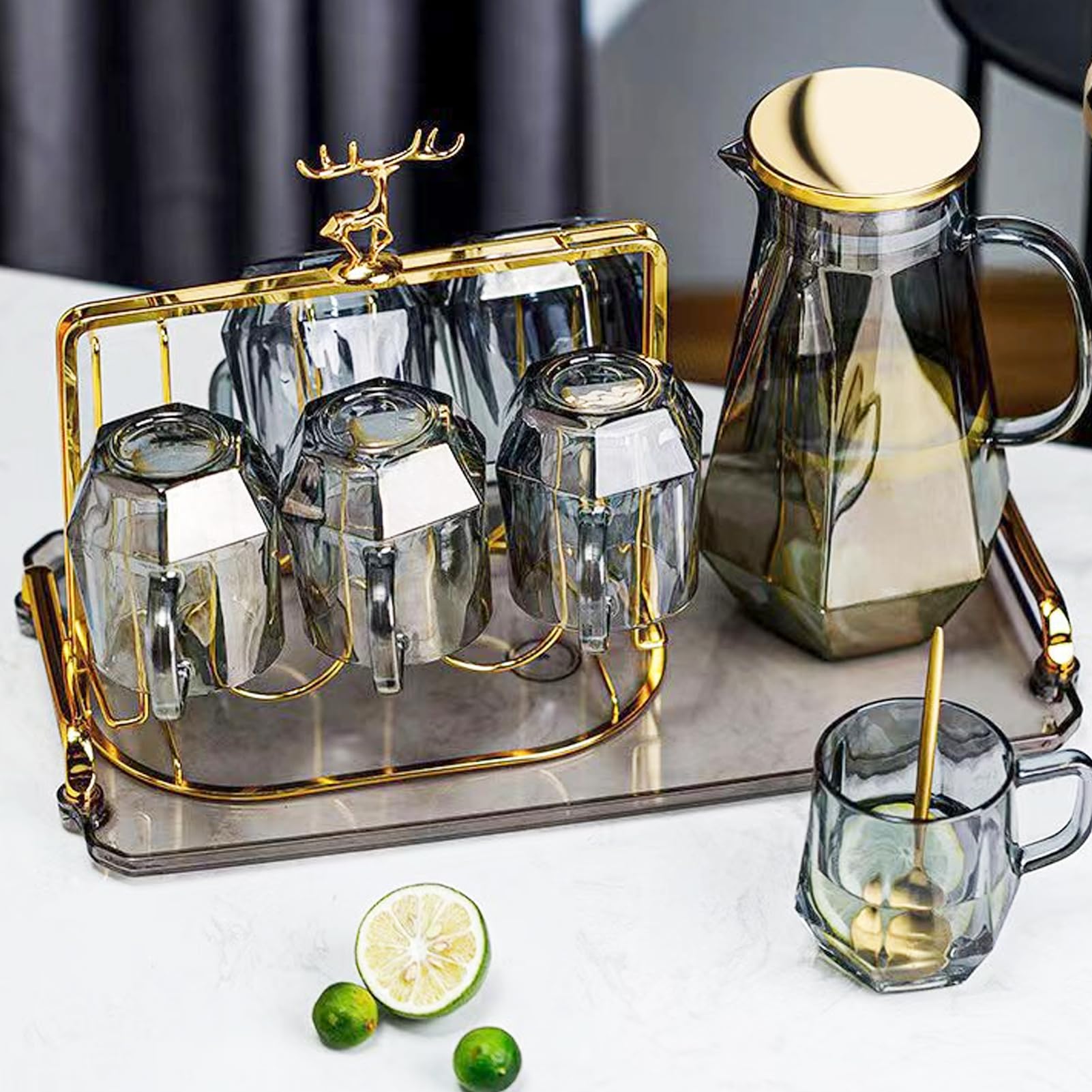 VAODO Diamond Glass Tea Set, 9 PCS Glass Pitcher Set, with 1 Teapot, 6 Cups, 1 Cup Holder and 1 Tray, with Spout Handle, for Hot/Cold Water Tea,Juice, Beverage, Coffee, Drinks