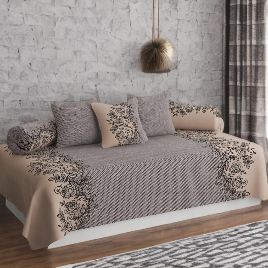 280 TC Cotton Blended Printed Diwan Cover Set with 2 Bolster Covers and 3 Cushion Covers (Pack of 6)| Glace Cotton Diwan Bedsheet Set Brown and Beige Color 4-image-25