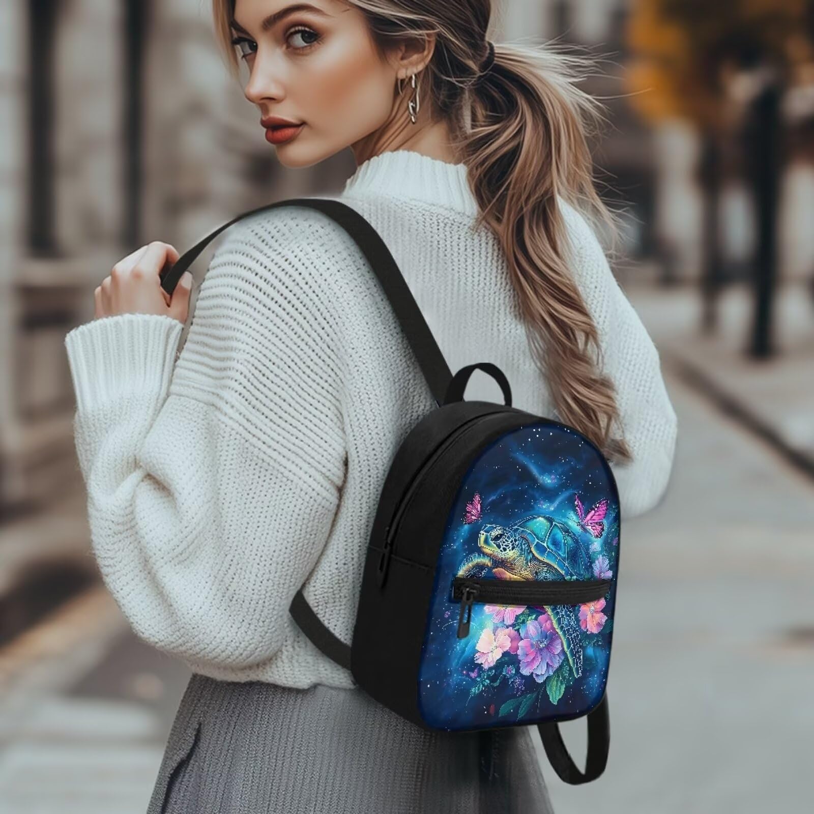 Entornuest Turtle Flower Small Backpack for Women One Size Trendy Large Capacity Backpack Purse Lightweight Travel Bag Crossbody with Zipper Daypack for Travel Shopping