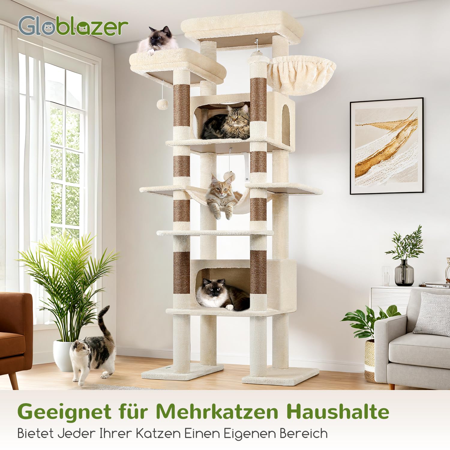 Globlazer F83B Kratzbaum XXL Beige 213 cm für Groß Katzen Katzenbaum Stabil | Extra großer, Über 2 Meter katzenbaum mit 2 Große Katzenhaus, Plattforms, Hängematte, für 3-5 mehrere große Katzen Maine Coon