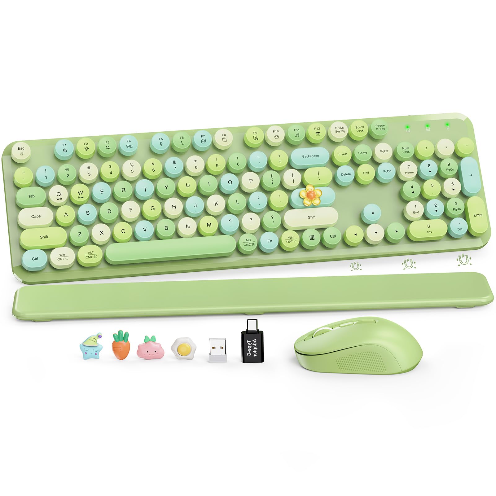 Wireless Keyboard and Mouse Combo, Cute Retro Typewriter Keyboard with Round Keycaps, Full-Size Aesthetic Keyboard with Magnetic Wrist Rest, 2.4G USB for Windows/Mac Desktop Laptop (Green Multi-Color)-image-48