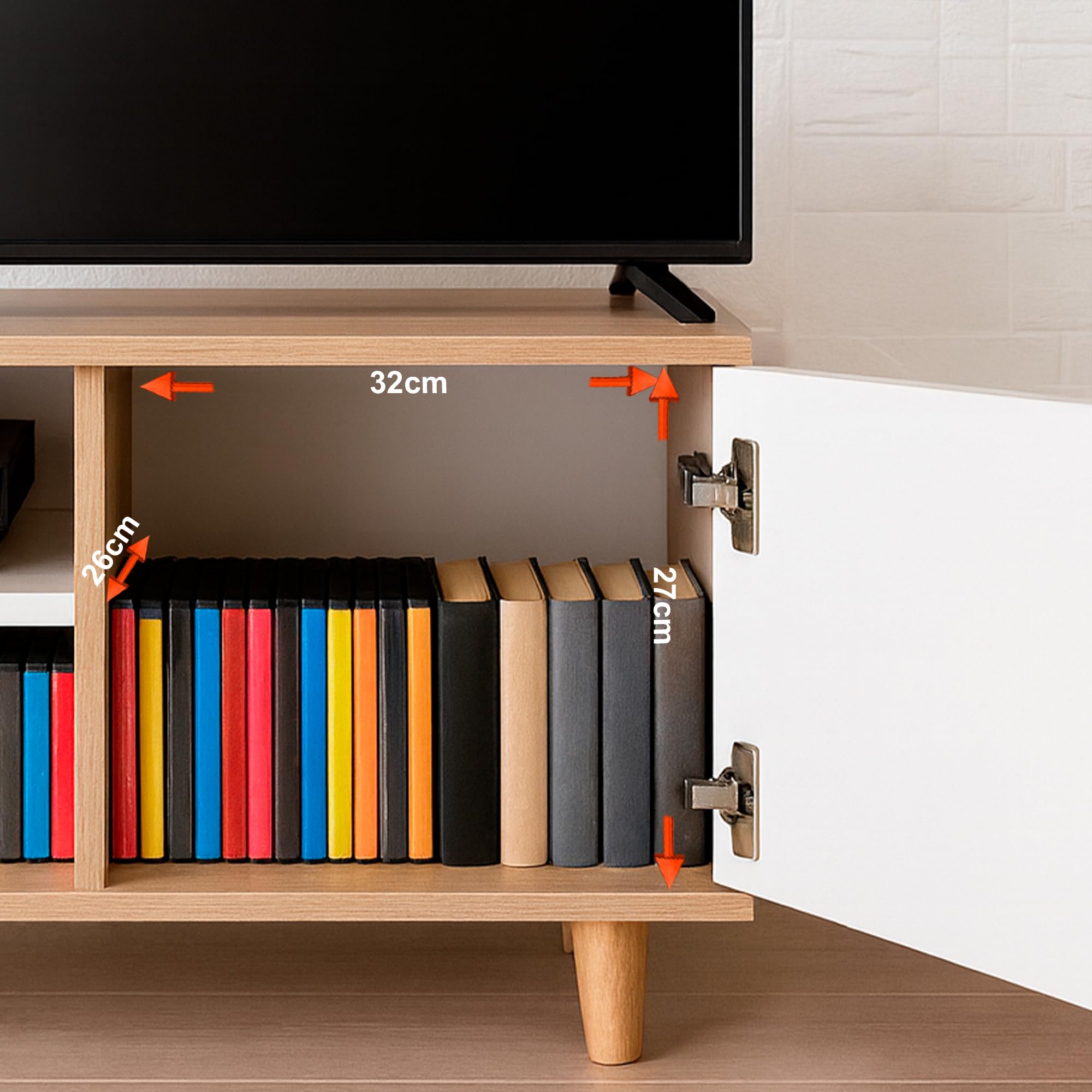 Szafka pod telewizor 120 cm do nowoczesnego salonu, kolor dębowy i biały, stół telewizyjny do 55 cali ze schowkiem, półka i dwoje drzwi, solidna i elegancka biała szafka pod meble, nogi z litego