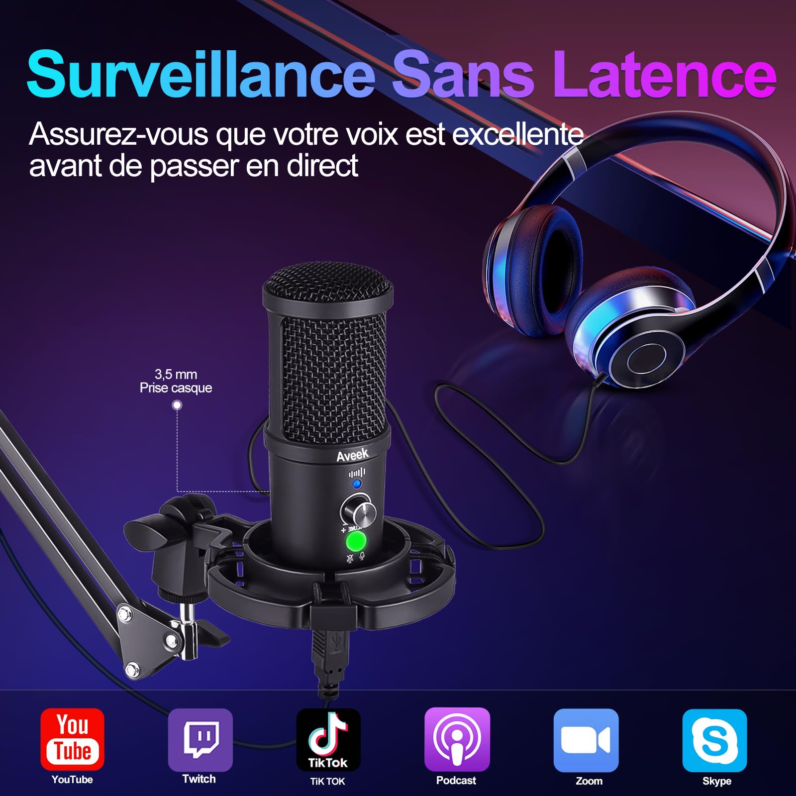 Aveek Micro USB à Condensateur avec Bras Articulé - Qualité Studio, Muet, Réduction de Bruit, Plug & Play pour Podcast, Streaming, Jeu, Youtube, Compatible PC, Mac, PS5, Téléphone USB-C
