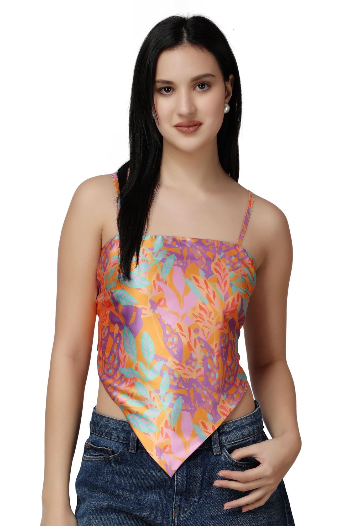 popwings Casual Printed Satin Scarf Knot Style Crop Top for Women - Square Neck, Sleeveless, Latest Stylish Summer Top-picture-22
