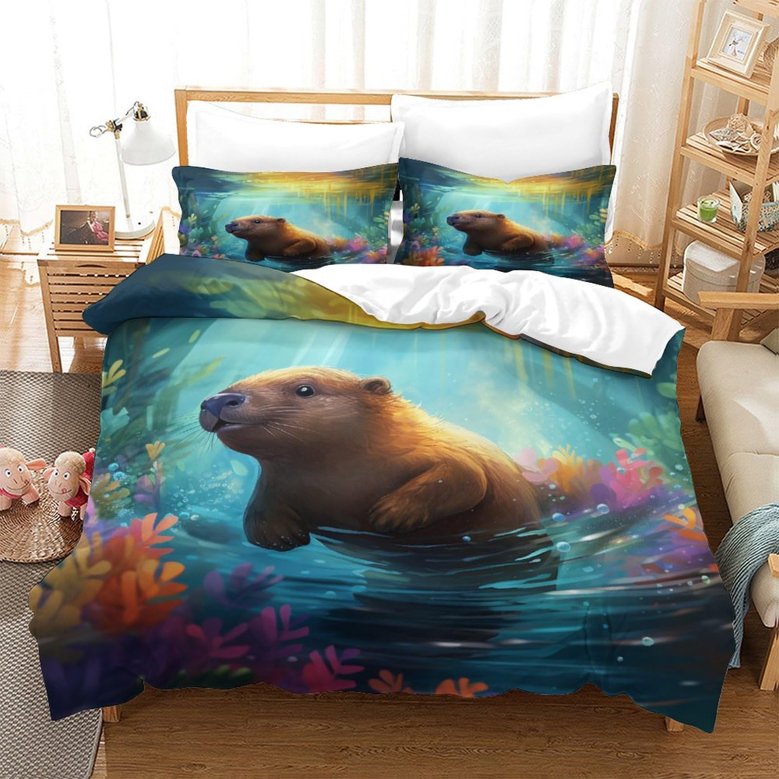 Lontra 3 Pezzi Copripiumino Motivo Per Bambini Adulto Set Biancheria Singolo,Matrimoniale Lontra Copripiumino,Anti-acaro Con Chiusura A Cerniera Facile Da Pulire Grande（220x240cm）