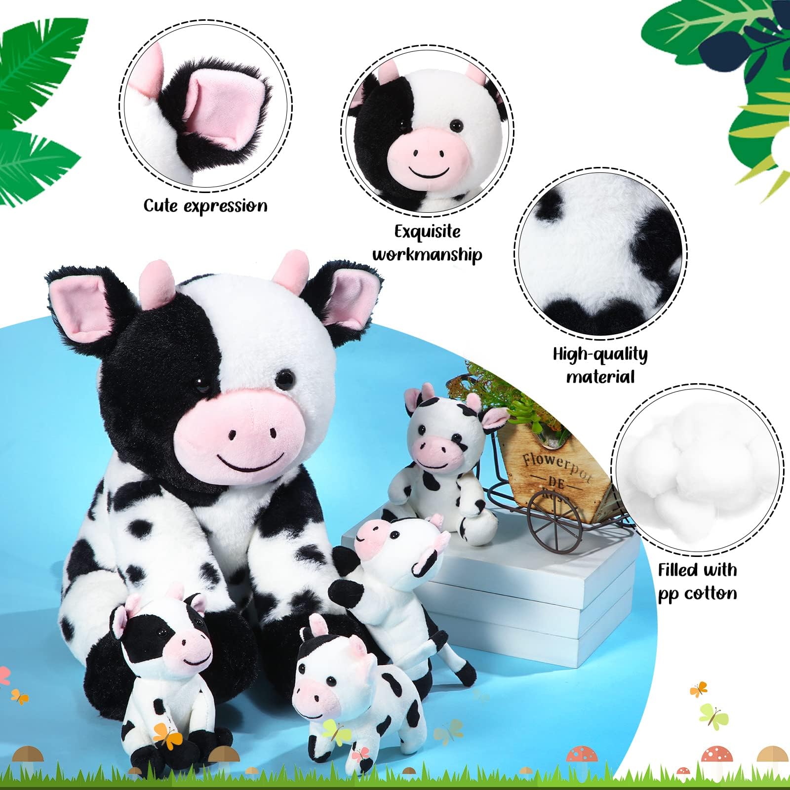 Chalyna 5 Pcs Cow Plush Animals Set 13.78 Inch Mommy Cow Stuffed Animal with 4 Baby Cute Calf in Her Tummy Mommy and Small Plush for Baby Shower Boys Girls(Cute) - Image 3