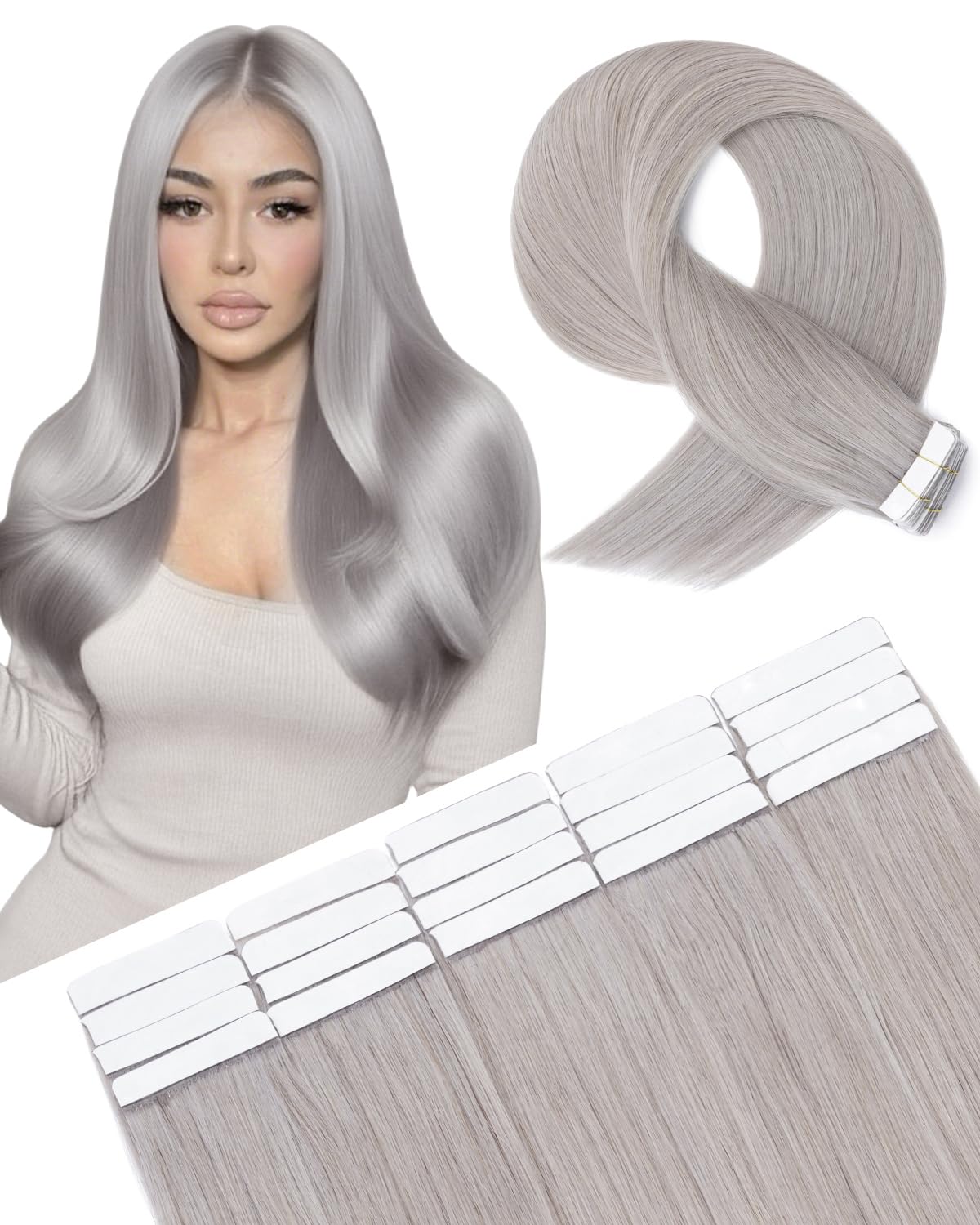 SLEEKALON Invisible Tape in Hair Extensions Real Human Hair 10 Pcs Thinned Version #Grey