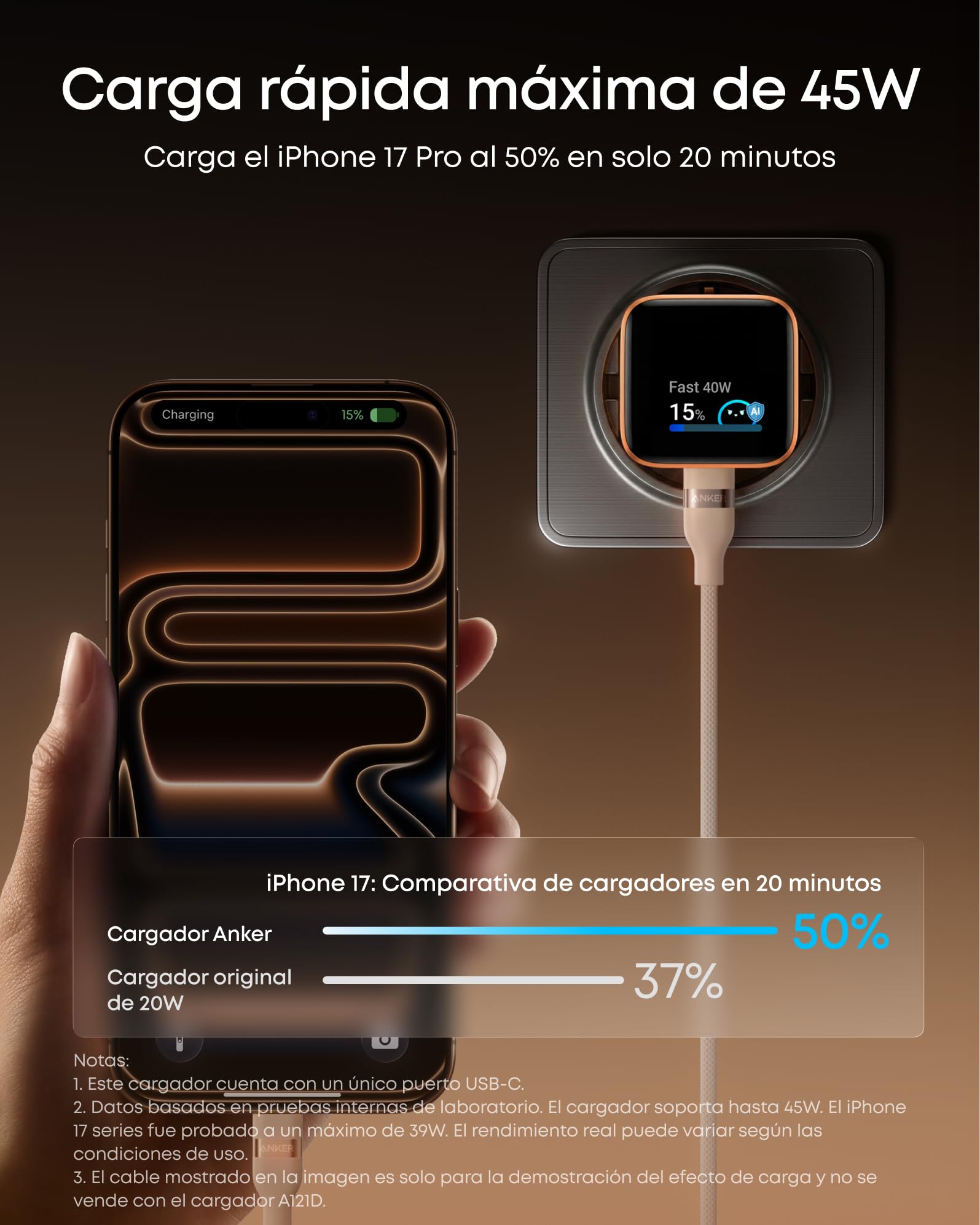 Anker Nano Cargador iPhone Carga rapida Inteligente 45W, Cargador USB C con reconocimiento Inteligente, Compatible con iPhone 17/16/15, MacBook y Apple Watch - 4