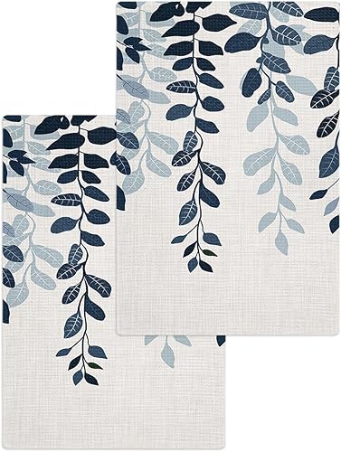 Juego de 2 toallas de cocina de tejido de punto gofre de algodón, hojas de plantas, color azul marino, 16 x 24 pulgadas, absorbentes, de secado