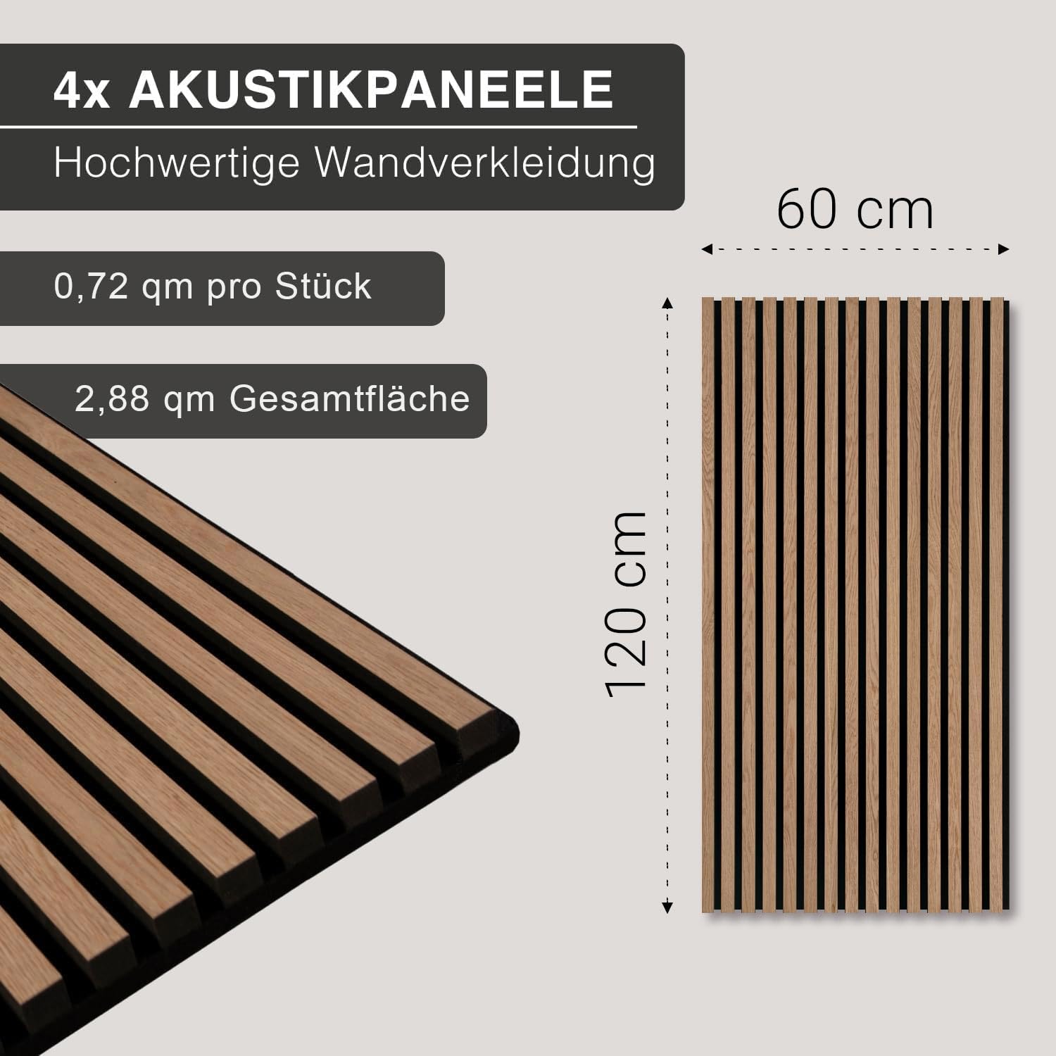 4er Set Akustikpaneele Holz 120x60 cm – extra dick 2,1 cm I Holzpaneele mit Echtholz-Furnier für akustische Schallabsorption & optimale Raumakustik I Wandpaneele Holz in Eiche Royal