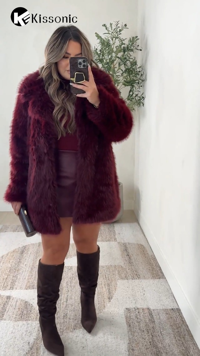 Kissonic Women's Long Faux Fur Coat Lapel Shaggy Winter Jacket