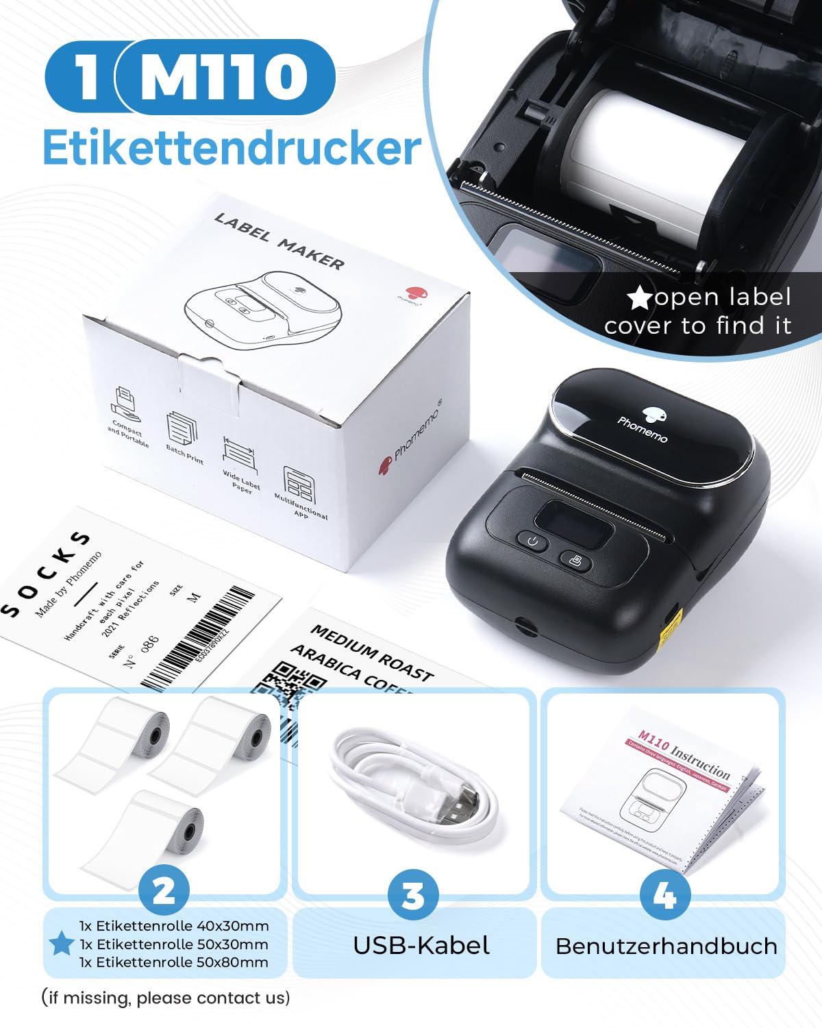 Phomemo M110 Etikettendrucker mit 3 Etikettenrollen, Beschriftungsgerät Selbstklebend für Telefon und PC, Bluetooth Etikettendrucker, Etikettiergerät für Zuhause, Büro und kleine Unternehmen