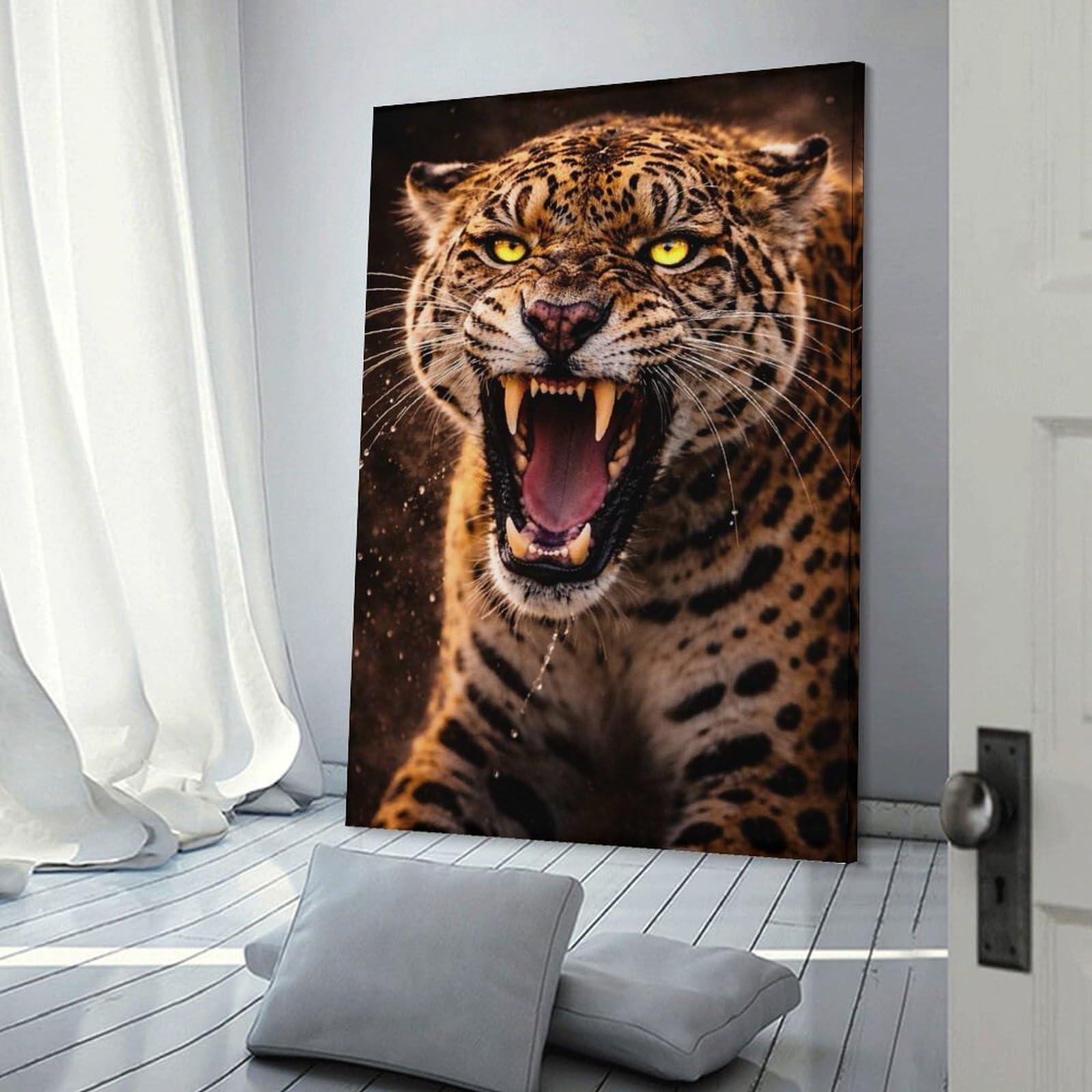 Junmoney Fierce Jaguar Roaring Canvas Wall Art 16x24inch(40x60cm), for Study, Office Or Focused Interiors, Home Office Artwork with Decorative Appeal
