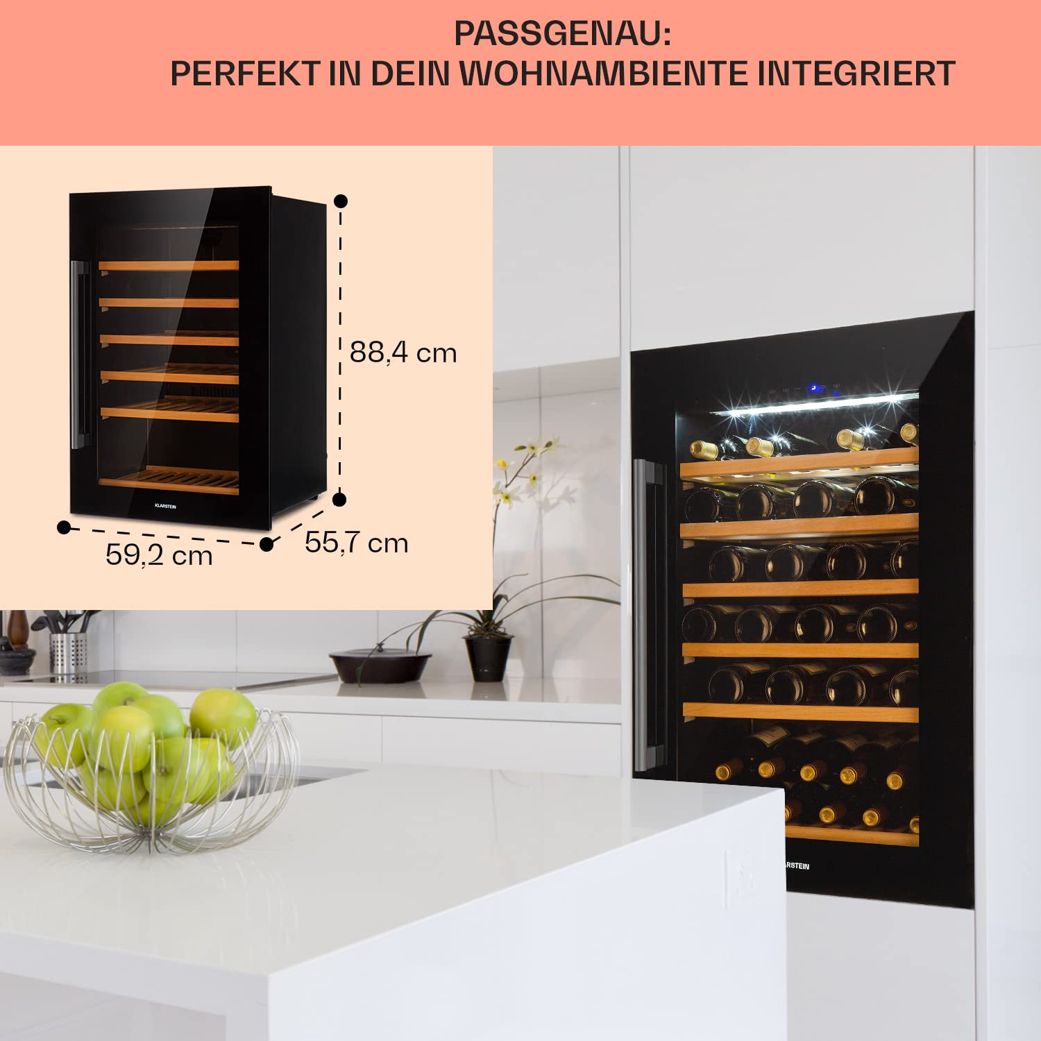 Klarstein Einbau-Weinkühlschrank, 137 L Getränkekühlschrank Schmal, 1 Zone Weinkühlschrank mit Glastür, Indoor/Outdoor Beersafe, Großer Kühlschrank, 5-22°C, 52 Flaschen