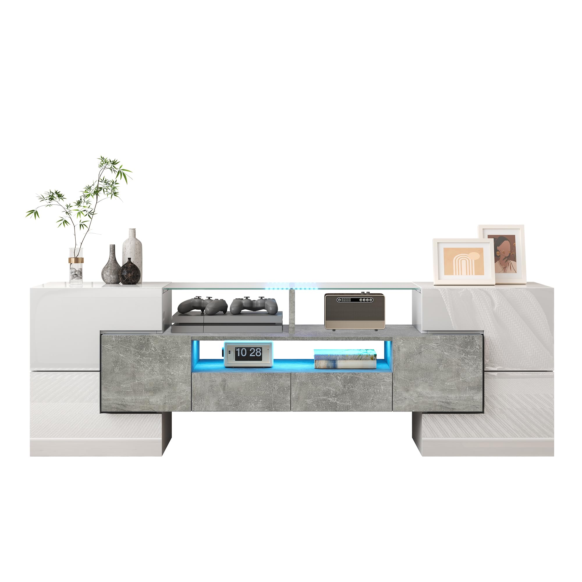Elegante mobile TV da 145 cm, colore bianco lucido, banco TV con illuminazione LED e piano in vetro per soggiorno, design moderno (bianco e grigio, 145 cm)