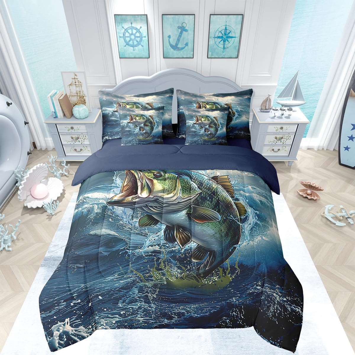 Feelyou Pike Fish Queen Comforter Set with Sheets 7 Piece Bass Big Fish Bedding Set Ocean Fishing and Hunting Bed in a Bag