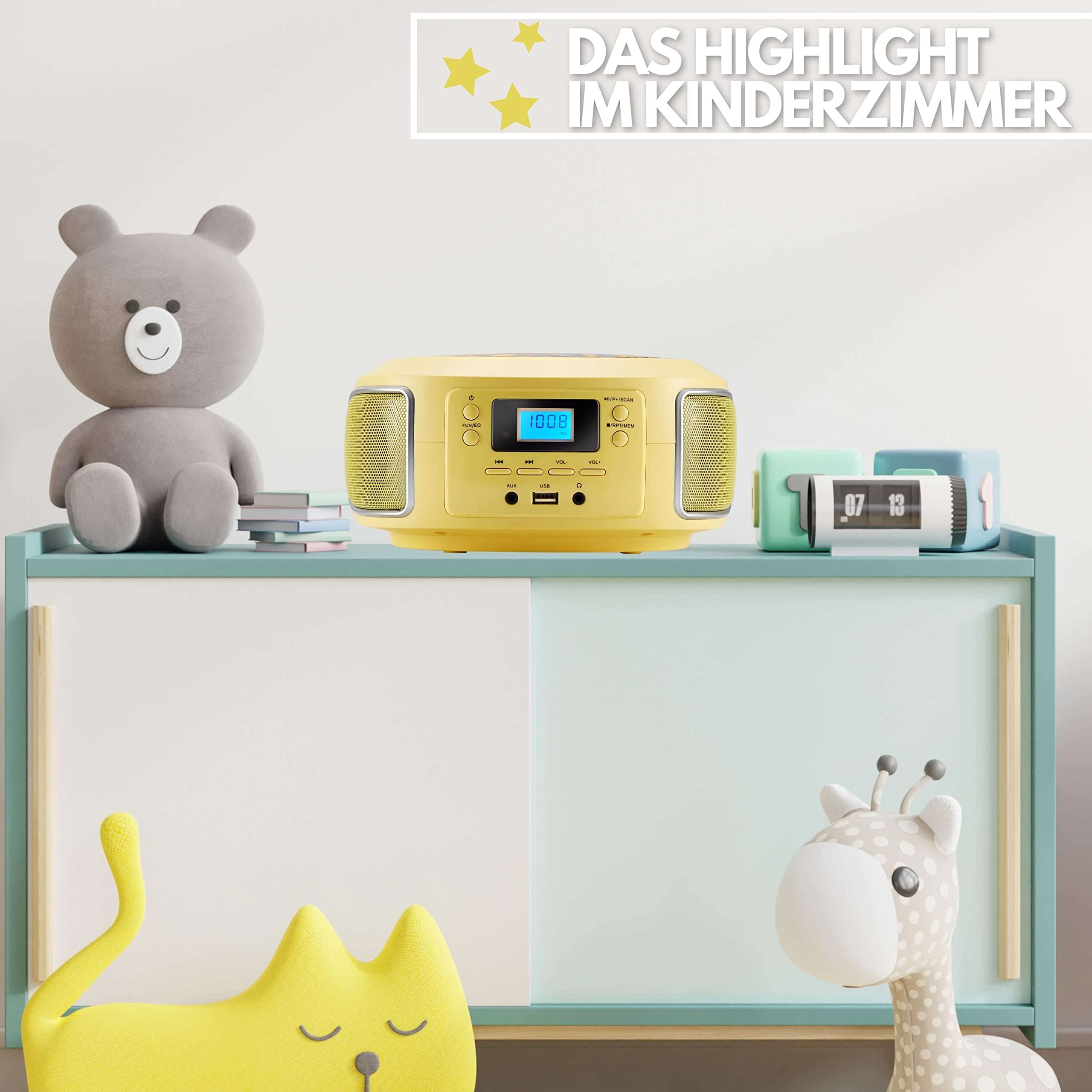 Tragbare Boombox | FM Radio | AUX-In | CD/CD-R | USB | Kopfhöreranschluss | Kompaktanlage | CD-Player | CD-Radio | Stereoanlage | Kinder Radio | Boombox (Glamour Gelb)