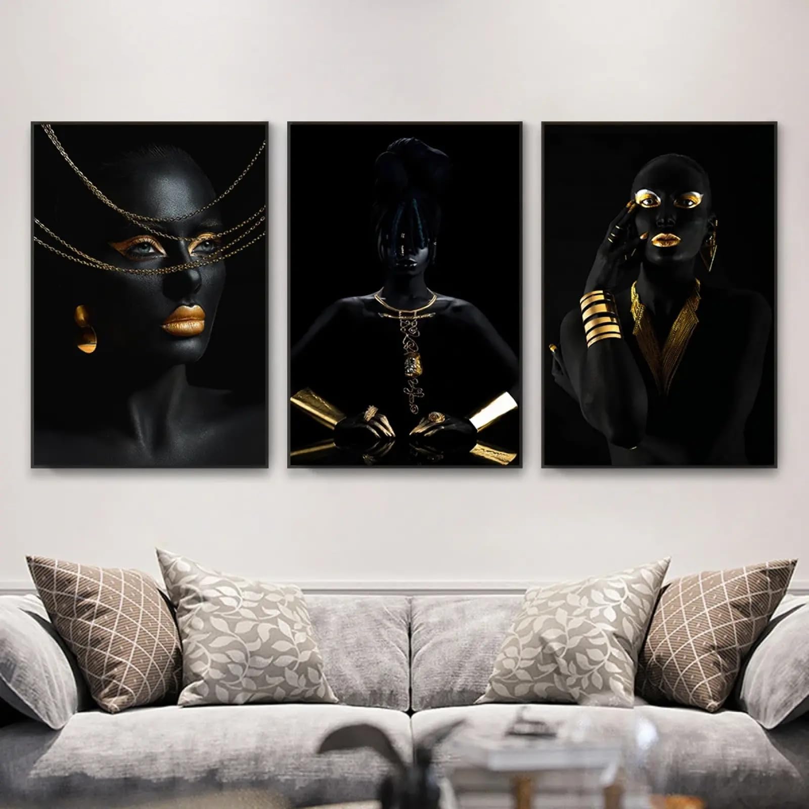 Art mural africain moderne tableau or et noir grand format x3 - 8