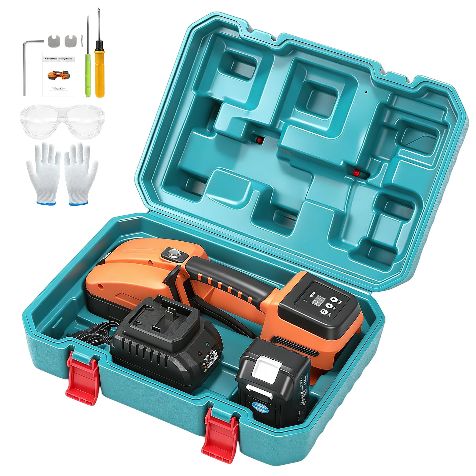Umreifungsgerät Akku für 13-16 mm PP-/PET-Band mit Digitaldisplay, 2 x 4000 mAh Akku, 900-3500N Elektrische Umreifungsmaschine Mit Kunststoffkasten Umreifungsgerät Elektrisch für Paletten