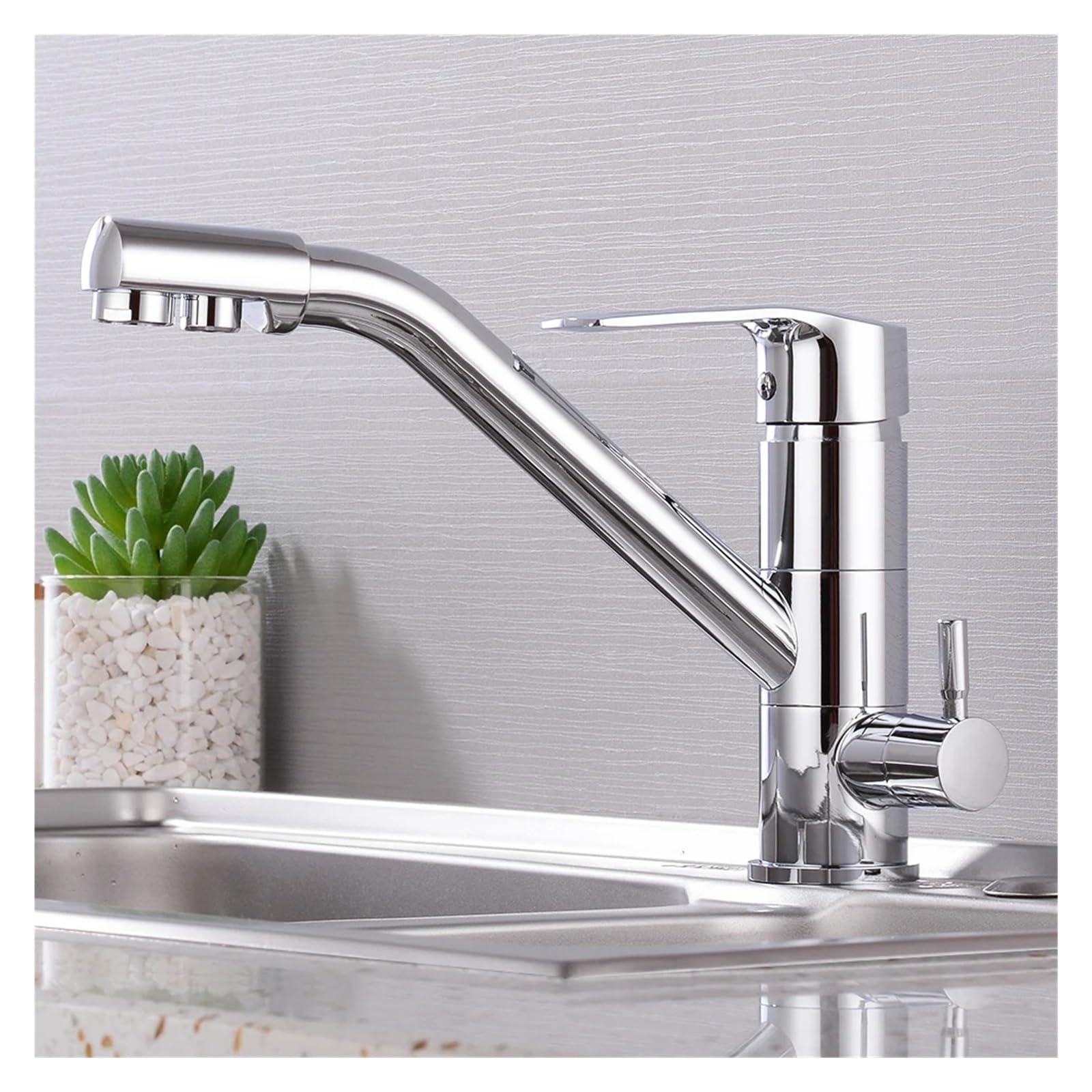 Grifo de Cocina con Cascada, Filtro Giratorio para Agua Potable, purificador de Agua de Doble caño, Mezclador para Fregadero de Lavabo (Cromado)