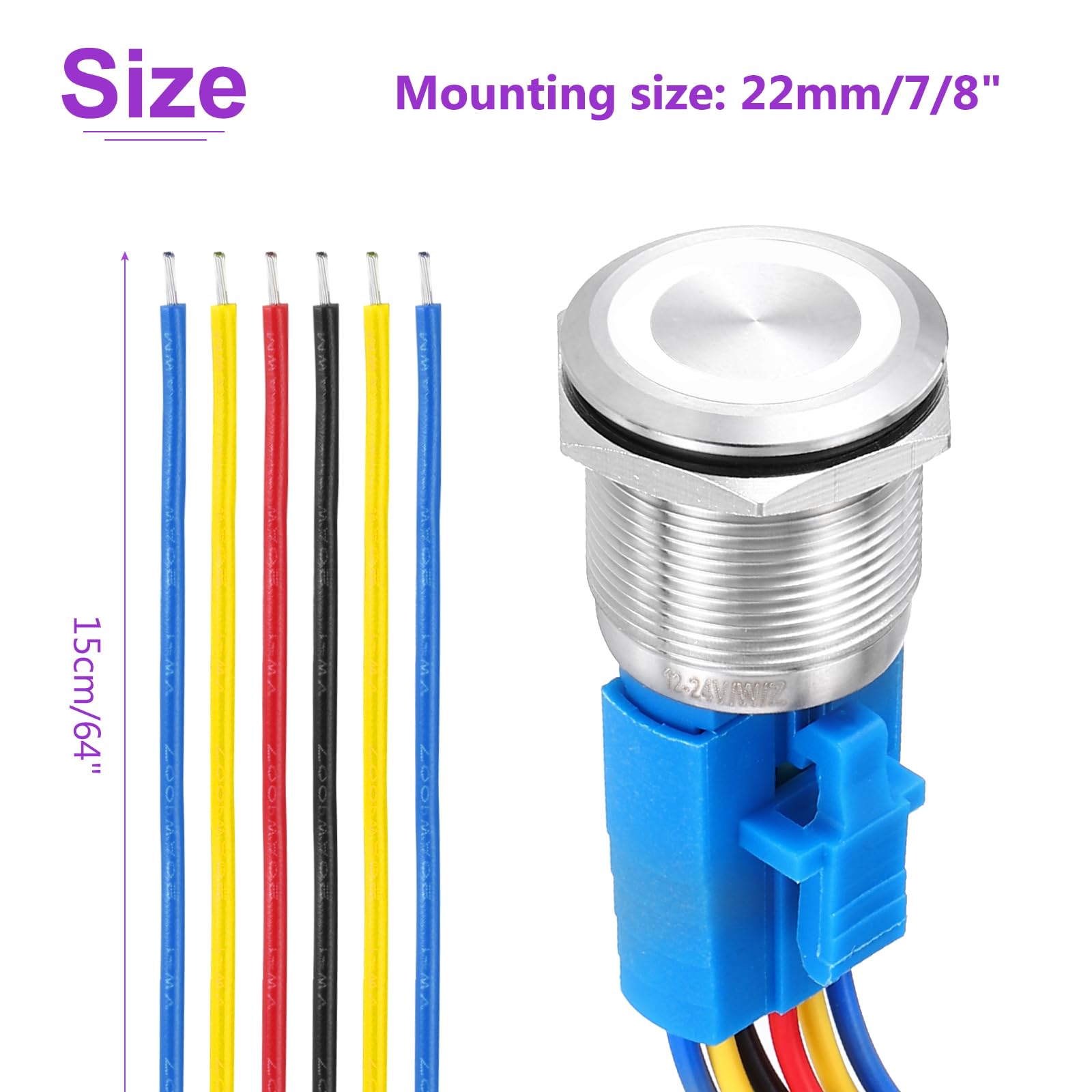 DMiotech 2 Pack 7/8 Inch Stainless Steel Latching Push Button Switch Flat Head 5A 12-24V Silver Shell 6 Pin with Cable Socket White Ring LED 1NO1NC for Car Boat Systems Custom Setups - Image 4