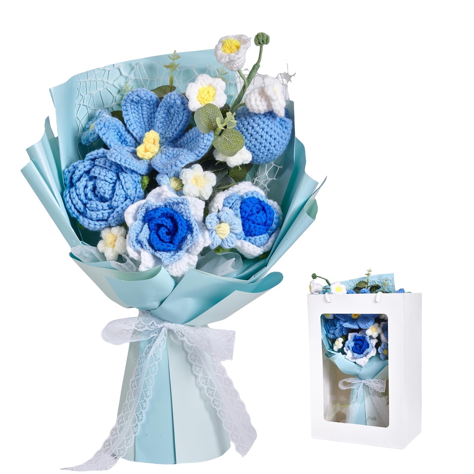 AIGOCITY Crochet Flowers Bouquet,Hand Knitted Rose Crochet Flower Bouquet for Home Decor Anniversary Weddings Birthdays Mother's Day with Gift Bag and Greeting Card, Blue