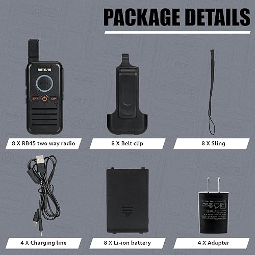 Miniatura 9 de Retevis RB45 Walkie Talkies - Paquete de 8 unidades, radio bidireccional recargable de largo alcance, doble PTT, indicador, sonido fuerte, mini