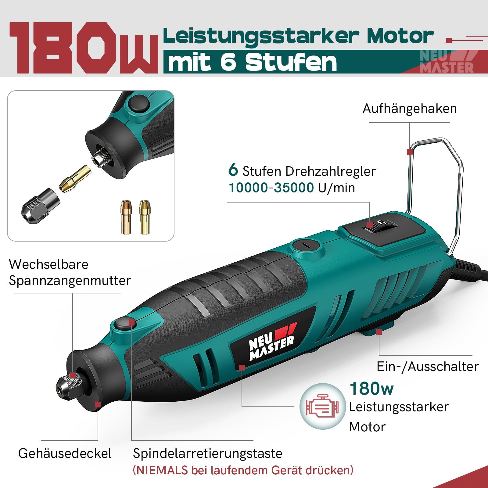 Multifunktionswerkzeug - NEU MASTER 180W Rotationswerkzeug mit 160 Zubehör und 6 Drehzahl 10000–35000U/min Multifunktionswerkzeuge Set für Gravur, Bohren, Schneiden, Schleifen, Gravieren, Polie