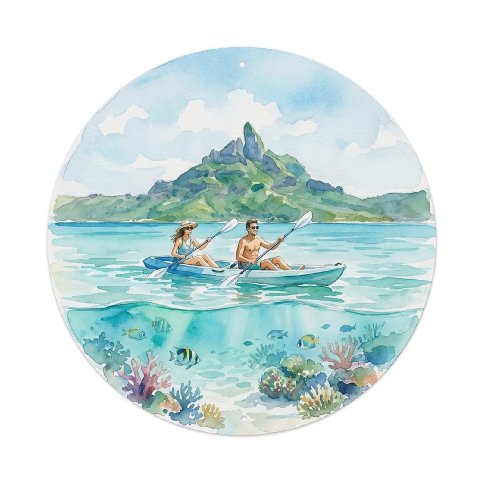 Olyhtr 8X8inch Classic Style Kayak Borabora Lagoon Couple Watercolor Island Metal Tin Sign