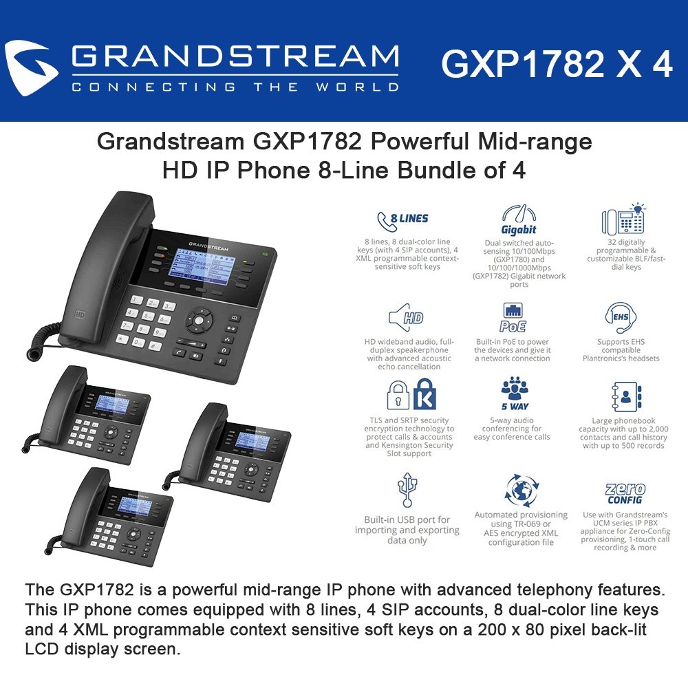 GrandstreamGXP1782 Bundle of 4 Powerful Mid-range HD IP Phone 8-Line, 4SIP accounts