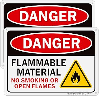 2 Pack Danger Flammable Material Signs, 10 x 7 Inch Aluminum No Smoking Or Open Flames Sign, Rust Free, UV Protected, Easy to Install- Indoor or Outdoor Use