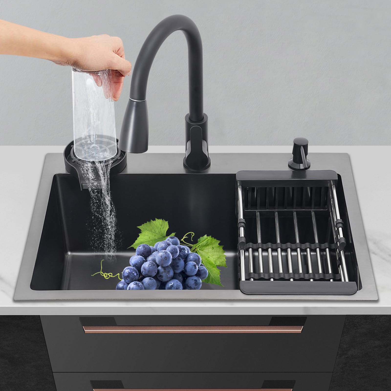 Fregadero de Acero Inoxidable con Lavavasos, Grifo, Dispensador de Jabón y Escurridor, Fregadero de Cocina Negro, Para Cocinas Industriales, Hogares Particulares, Granjas y Patios Traseros