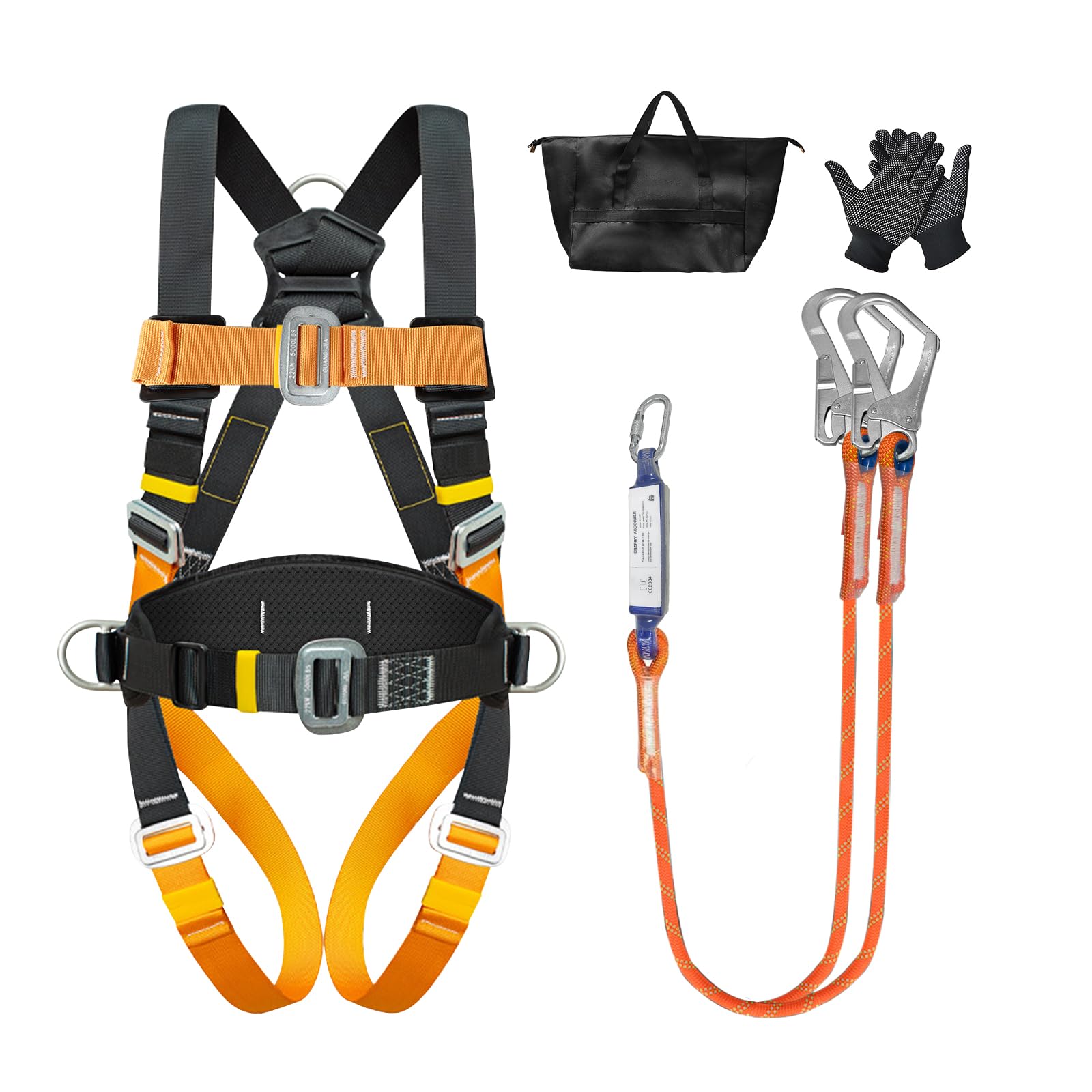 Imbracatura di Sicurezza Anticaduta Corpo Intero con Cuscino Lombare – Doppio Cordino & Assorbitore Energia, 140 kg Max, Certificata EN, Cintura di Sicurezza Anticaduta per Linea Vita tetto Kit
