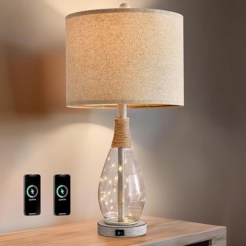 Miniatura 9 de OYEARS Lámpara de mesa USB A+C de 23 pulgadas para dormitorio, sala de estar, lámparas de noche modernas retro de casa de campo de ratán de cristal