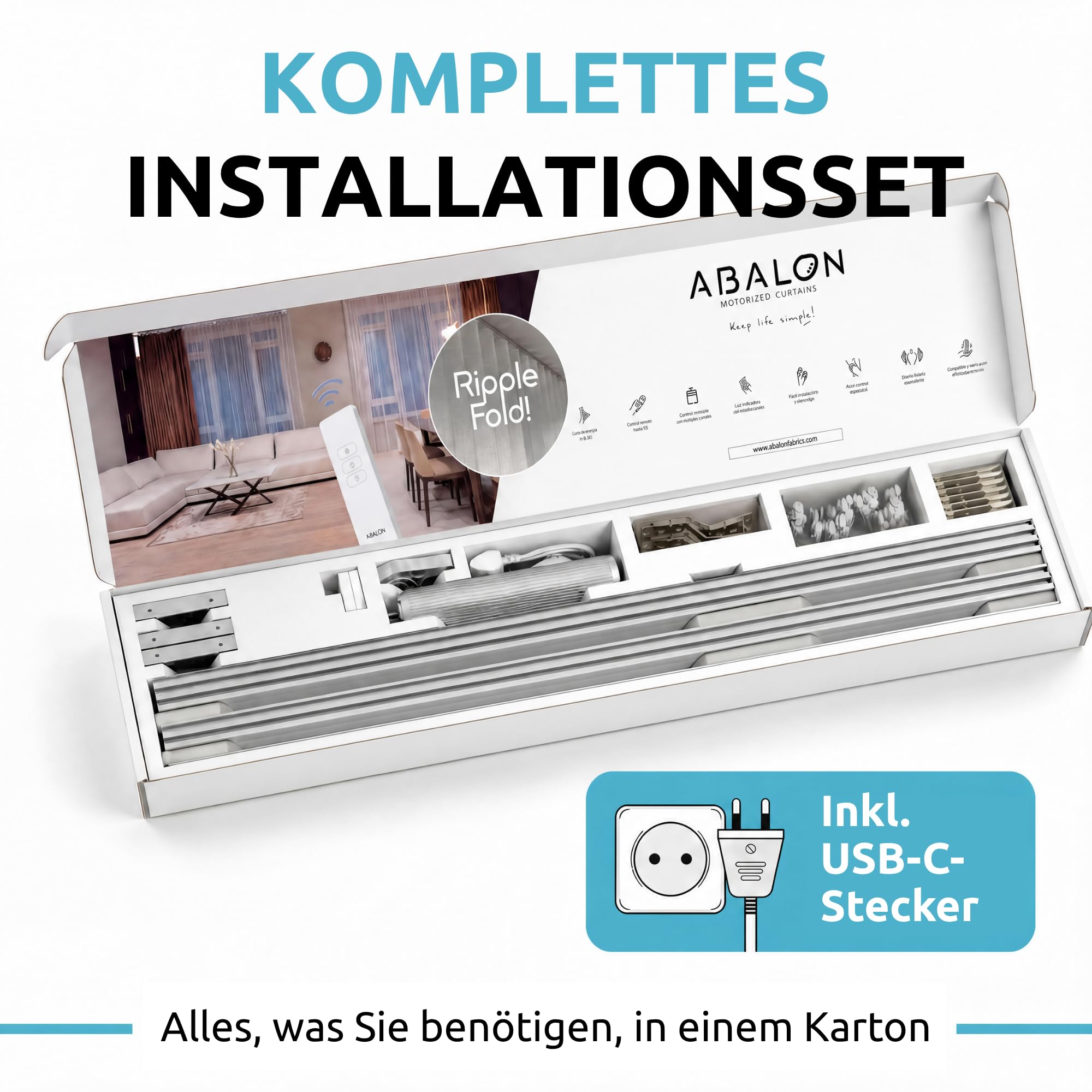 ABALON S-Wave Elektrische Gardinenschiene, WLAN-Motor, kompatibel mit Alexa, Google Home und der Tuya Smart Mobile App, Fernbedienung, Breite bis zu 4 Meter, Weiß