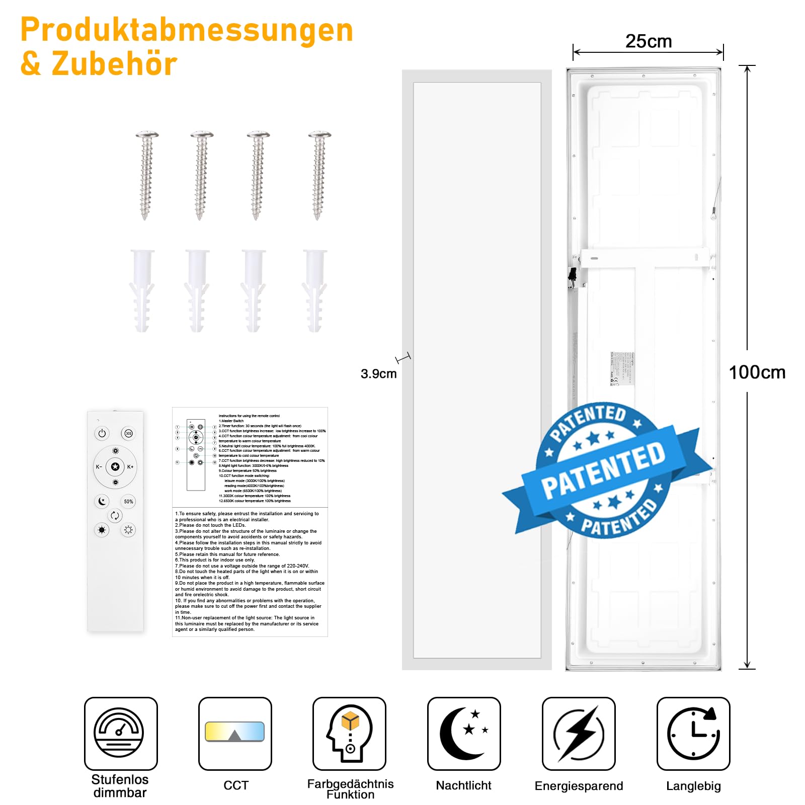 Oraymin Panel LED 100x25 cm, Plafón LED regulable con control remoto, 30W 3800LM, Plafón LED con función de memoria, 3000K-6500K, Plafón LED rectangular para cocina