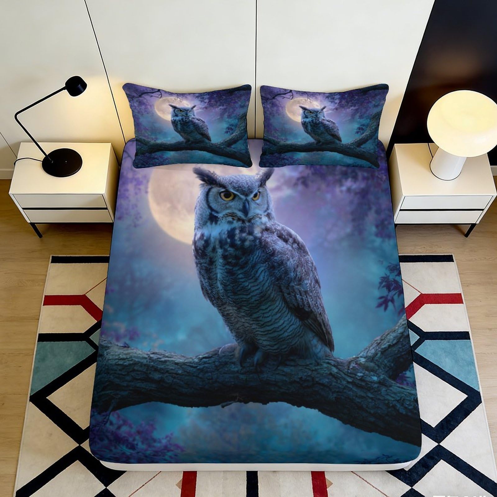 3D Printed Moonlight Owl Fitted Sheet Microfiber Soft Bed Cover Forest Night Mattress Cover for Bedroom Decor 90x200x25cm