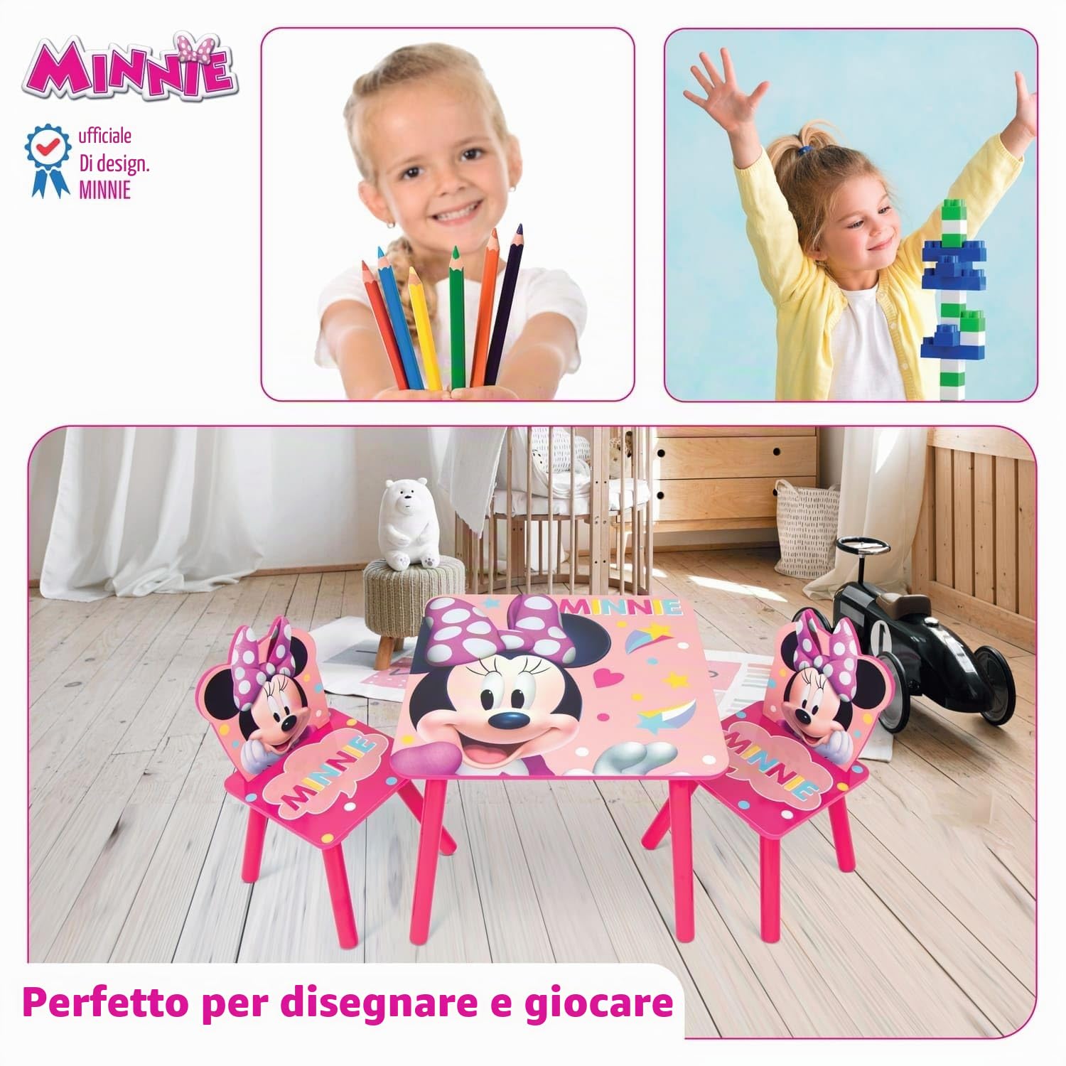 ARDITEX - Set Tavolo e 2 Sedie in Legno per Bambini - 50x50x44 cm e 26,5x26,5x50 cm - Ideale per giocare, disegnare e fare lavoretti - Licenza Ufficiale Topolina