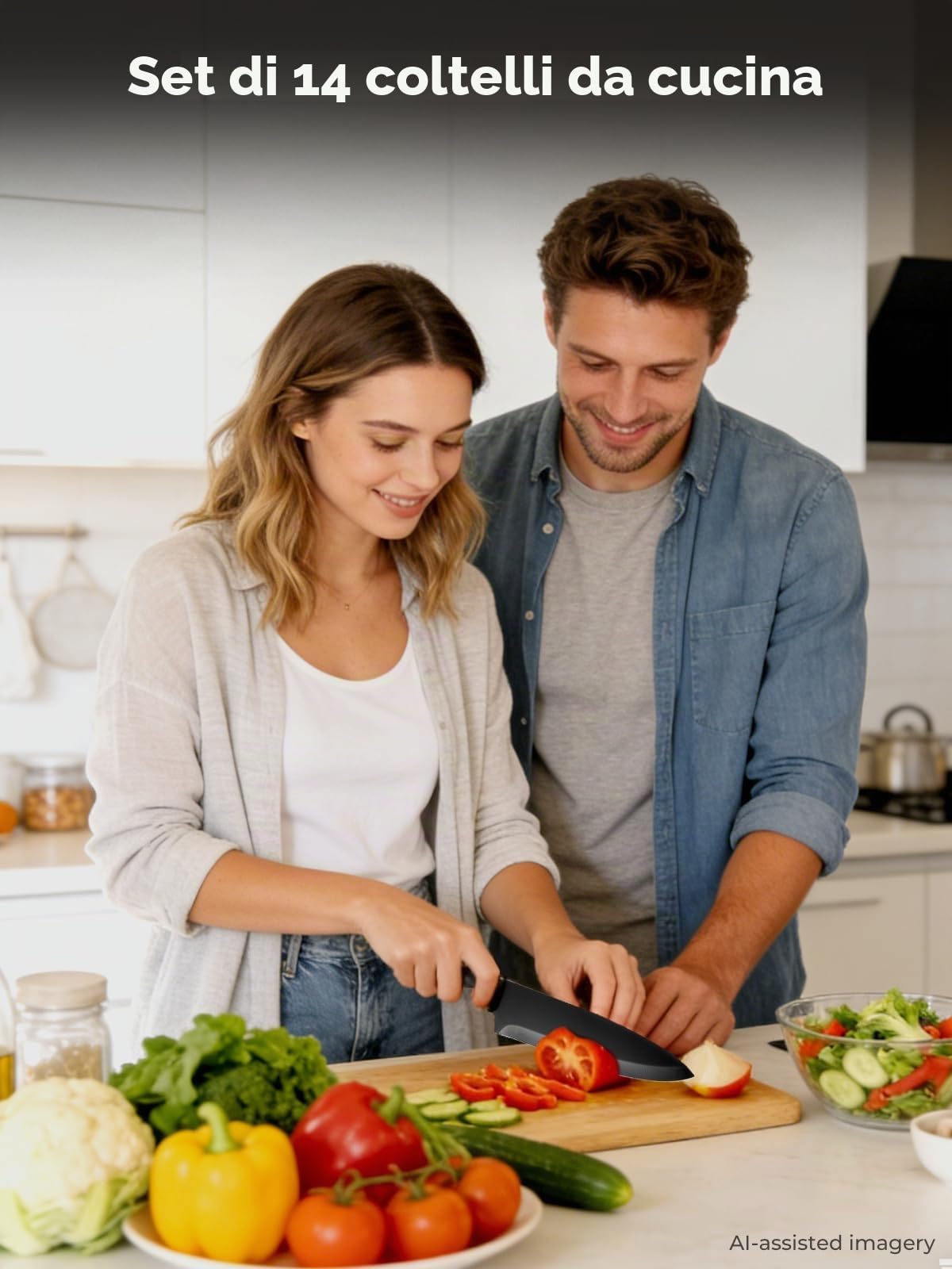 D.Perlla Set Coltelli da Cucina 15 Pezzi in Acciaio Inossidabile, Lama Nero Antiaderente e Affilata, Coltelli da Cucina con Manico in Plastica e Blocco in Legno, per Pane, Verdure e Asta per Affilare