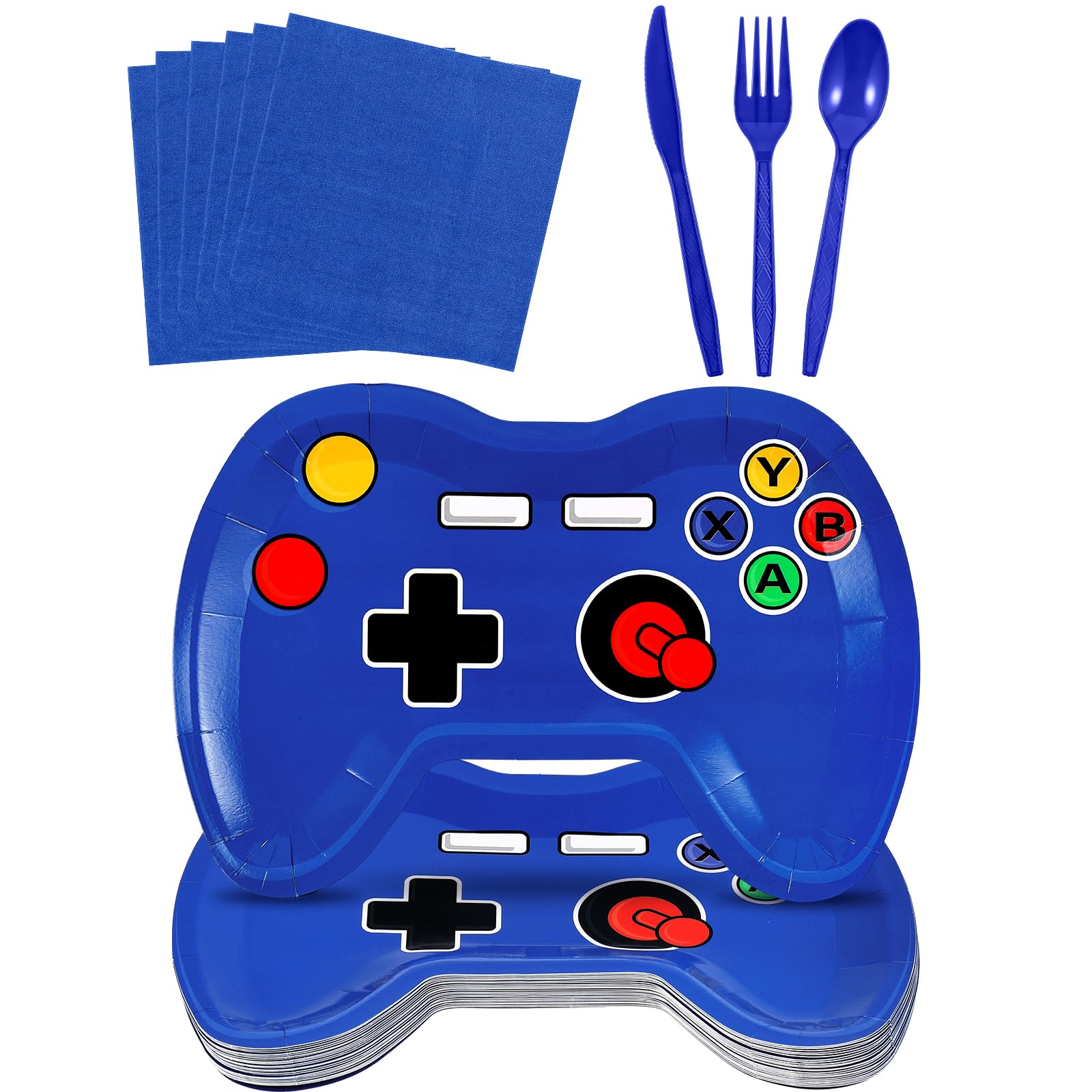 Mifoci 120 Pieces Video Game Party Tableware Supplies Set Game Control Shape Plates and Napkins Includes Plates, Napkins, Cutlery for Gamer Birthday