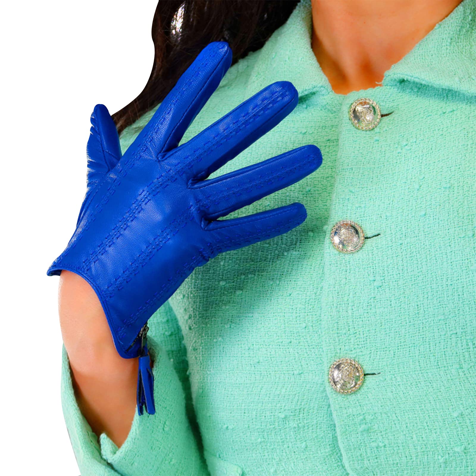 DooWayWomen's Short Real Leather Driving Gloves Touchscreen Imported Goatskin Leather Tassel Zipper Winter Warm Gloves