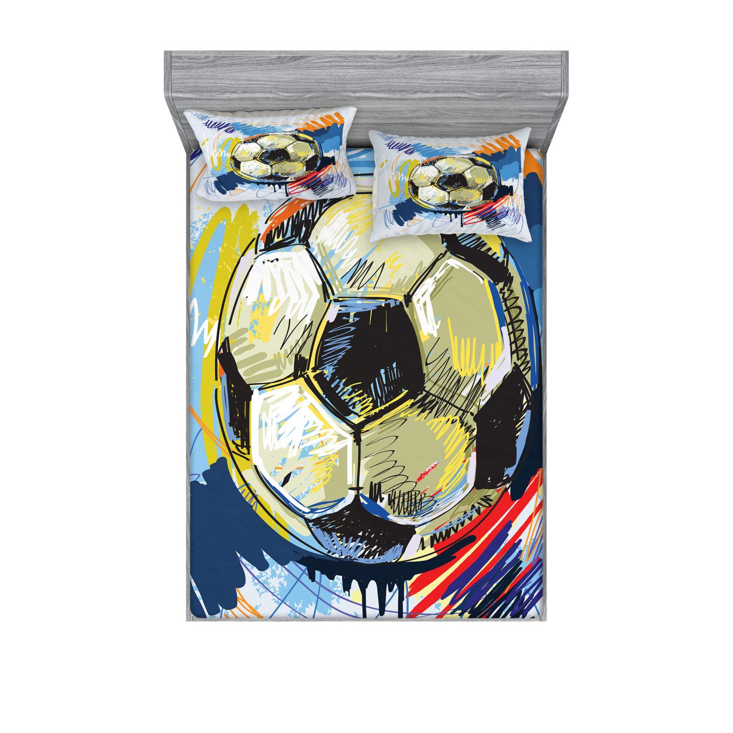 Ambesonne Soccer Fitted Sheet & Pillow Sham Set, Spherical Football Ball Illustration Colorful Distressed Details in Motion Art, Decorative Printed 3 Piece Bedding Decor Set, Calking, Grey Pink