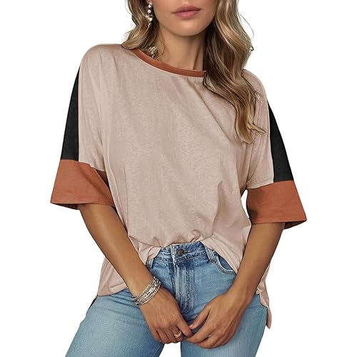 Dokotoo Womens Tops Oversized Trendy Shirts 2025 Summer Color Block Crewneck Business Casual Womens Blouses S-2XL