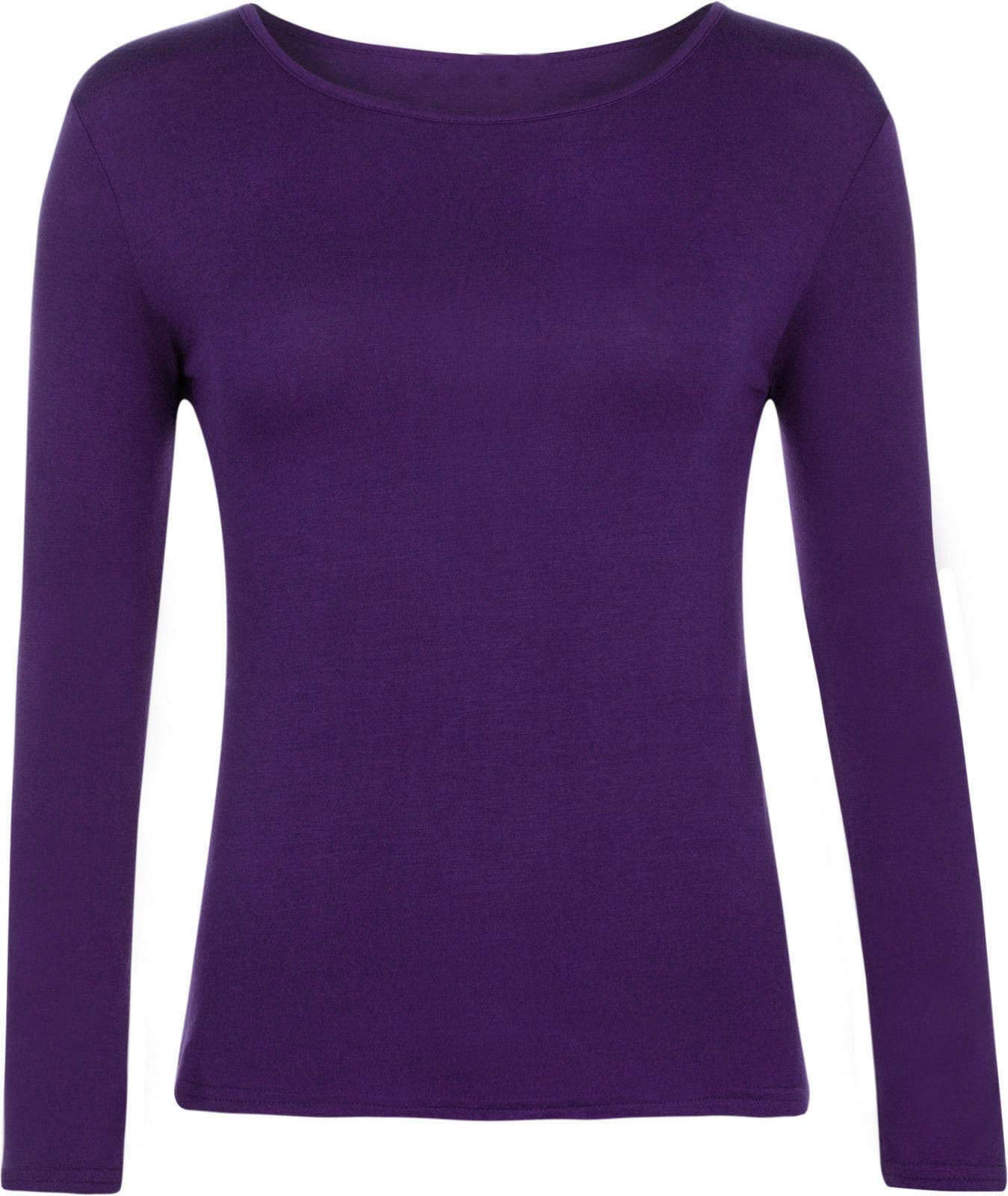Ladies Women Basic Long Sleeve Plain Round Neck Ladies Stretch Plus Size Top T Shirt (Purple, XL)