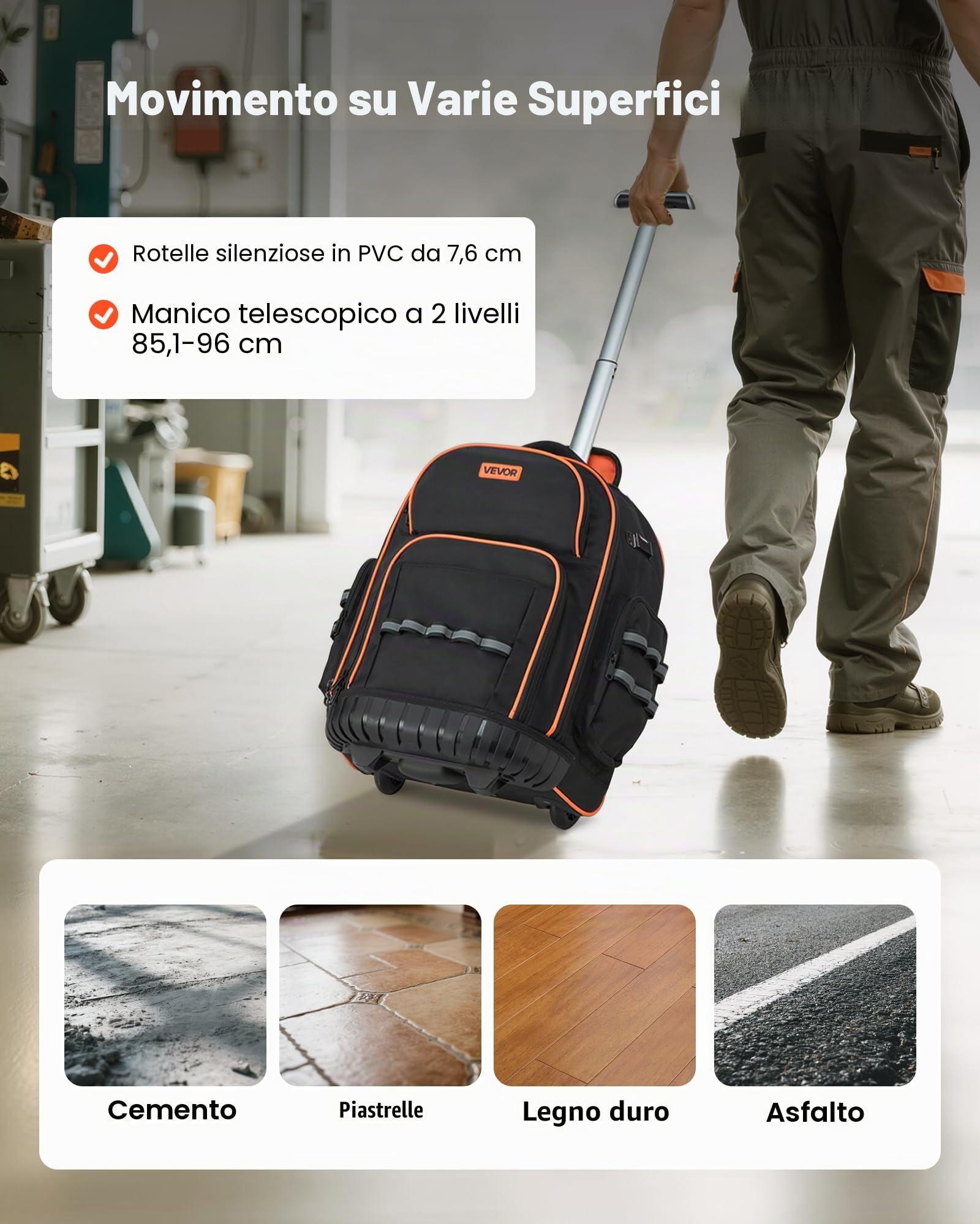 VEVOR Zaino Portautensili con Ruote, Capacità 50 kg, Borsa Portautensili con Ruote da 45 Tasche, Maniglia Telescopica Regolabile e Base Stabile, Organizzatore per Borse per Edilizia, Meccanico