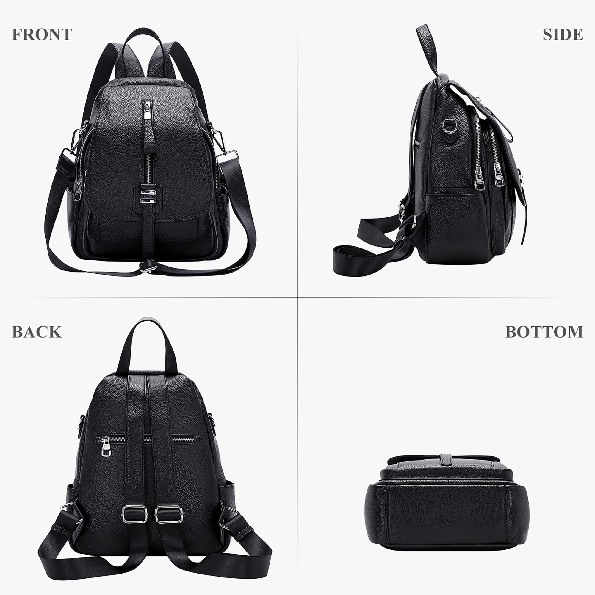 ALTOSY Echter Leder Rucksack Damen mit Geldbörse Vielseitige Tasche | Mit Schnalle Klappe, 3-in-1 Tragetasche, Passt für 9,7" ipad, Lässiger Schulterrucksack für Alltag, Reisen, S85 Schwarz