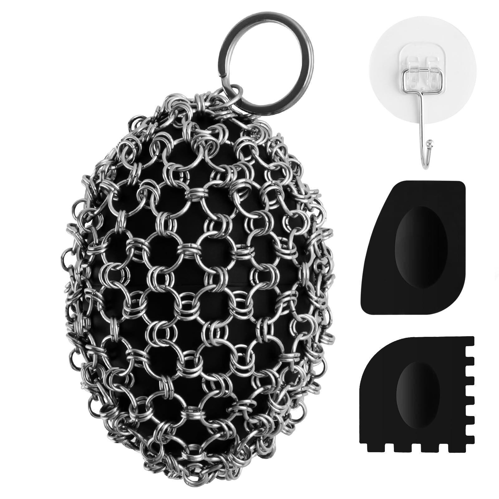 Scrubber for Cast Iron Pan, Pot Cleaner with 2 Scrapers,Chain Mail Cleaning Brush for Dishes, Pots, Pans, Griddles, Grills (Black, Oval Shape)