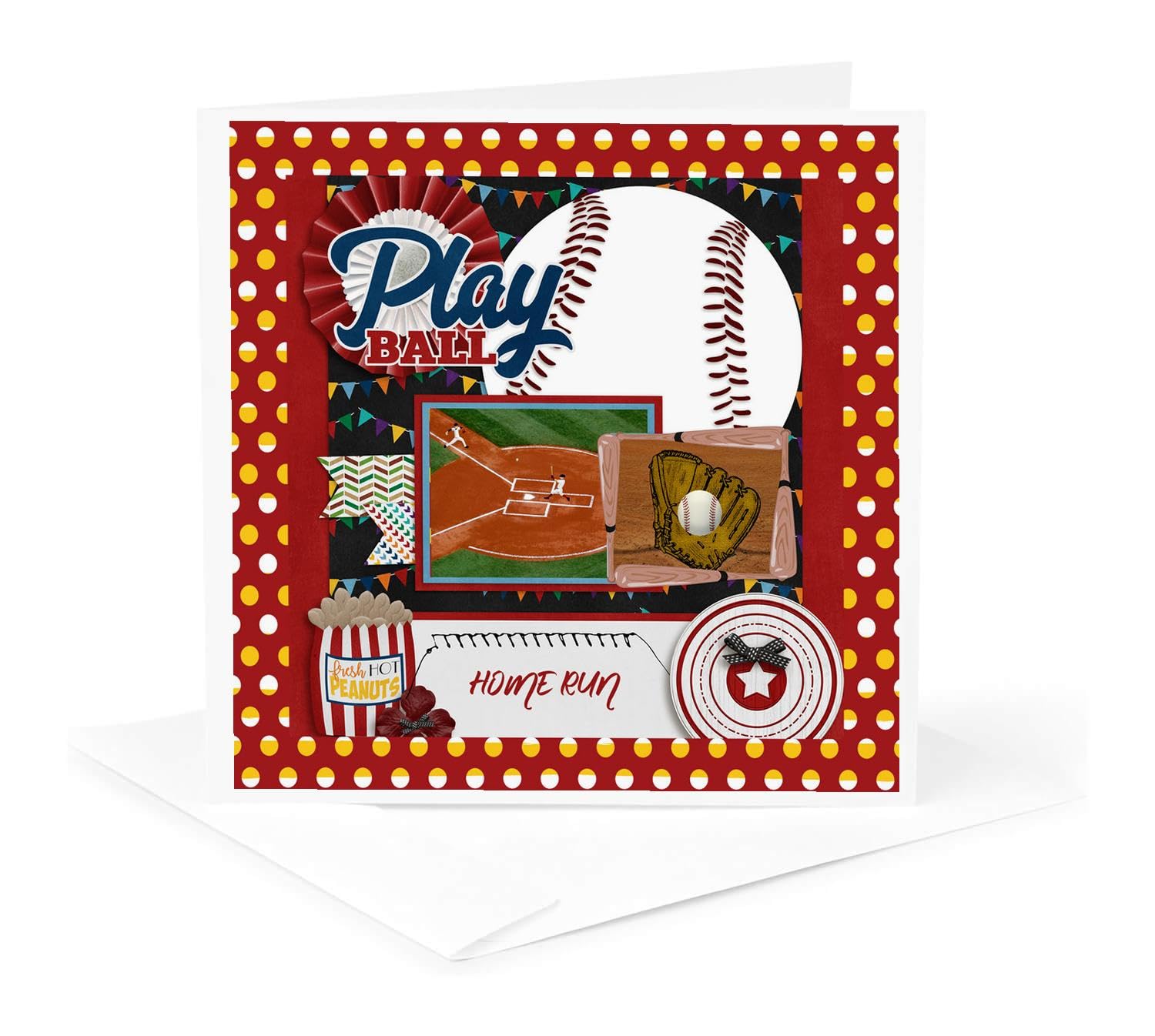 3dRose Greeting Card - Image of Baseball, Home Run, Play Ball, Feild, Players, Peanuts, Glove - Sports Design